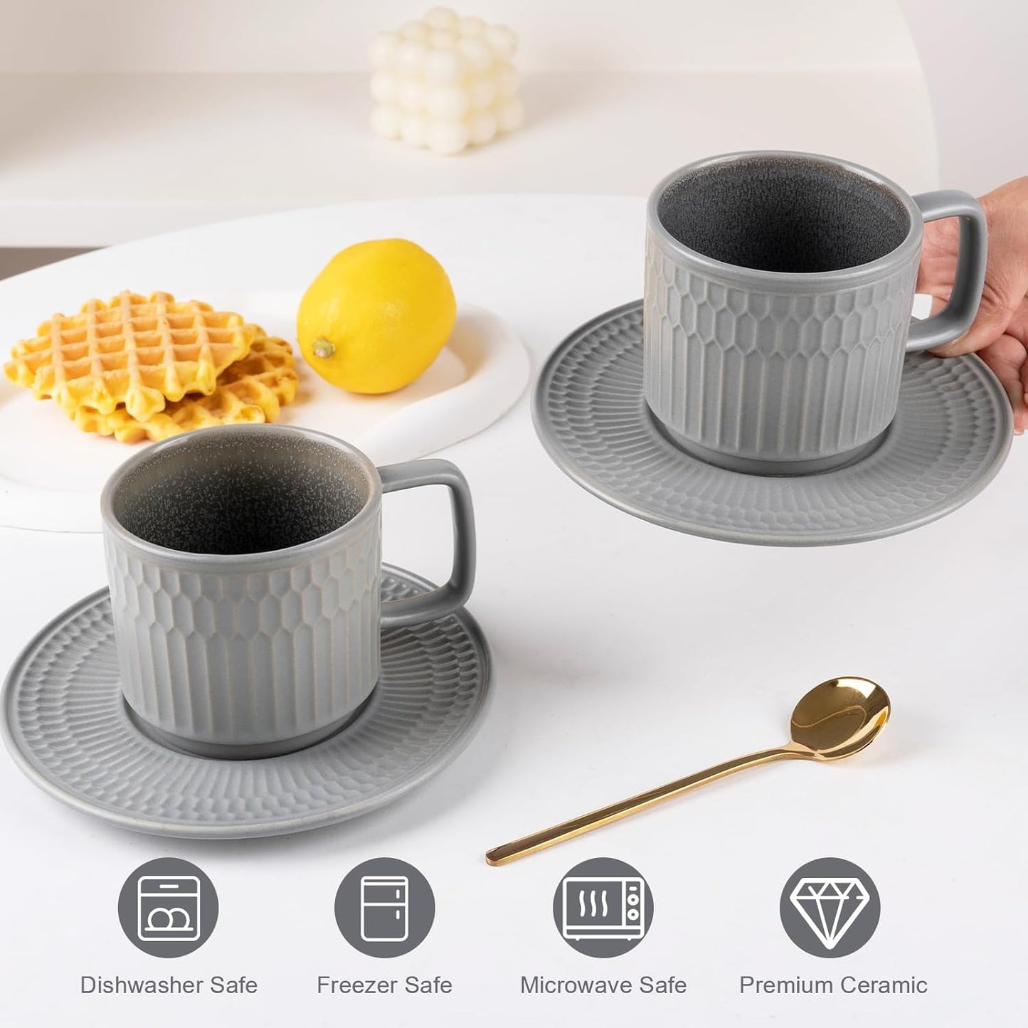 Large Cappuccino Cups with Saucers Set of 4, 8 Ounce Stackable Embossed Ceramic Coffee Mugs for Specialty Coffee Drinks, Latte, Cafe Mocha and Tea, Dishwasher & Microwave Safe (Grey)