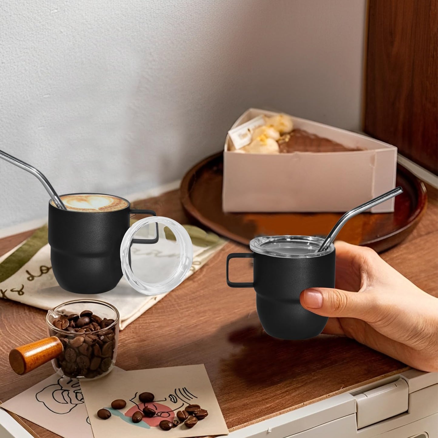 4oz Espresso Cup Set of 2, Insulated Espresso Mug With Lid and Straw, Espresso Shot Glasses with Handle, Double Walled Stainless Steel Small Expresso Shots Cup for Coffee