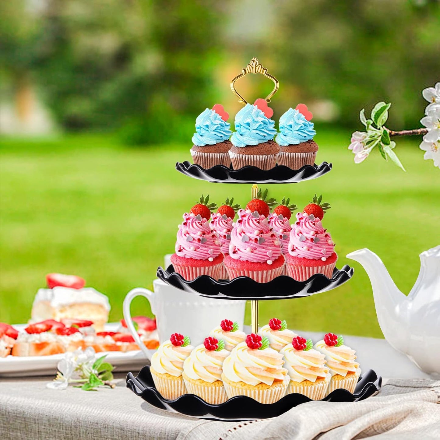 3 Tier Cupcake Stand Holder, Plastic Cup Cake Stand Towel with Tiered Serving Tray for Cupcakes, Donuts, Fruits and More, White (Black)