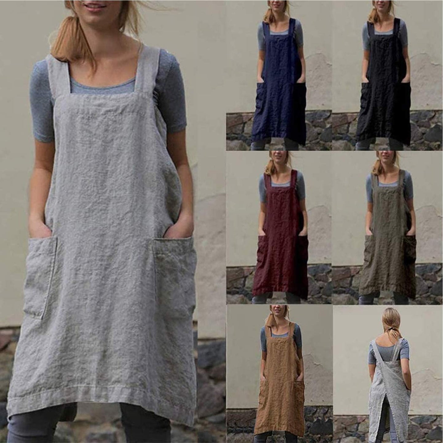 YESDOOD Cotton Linen Apron Cross Back Apron for Womens with Pockets Pinafore Dress for Baking Cooking