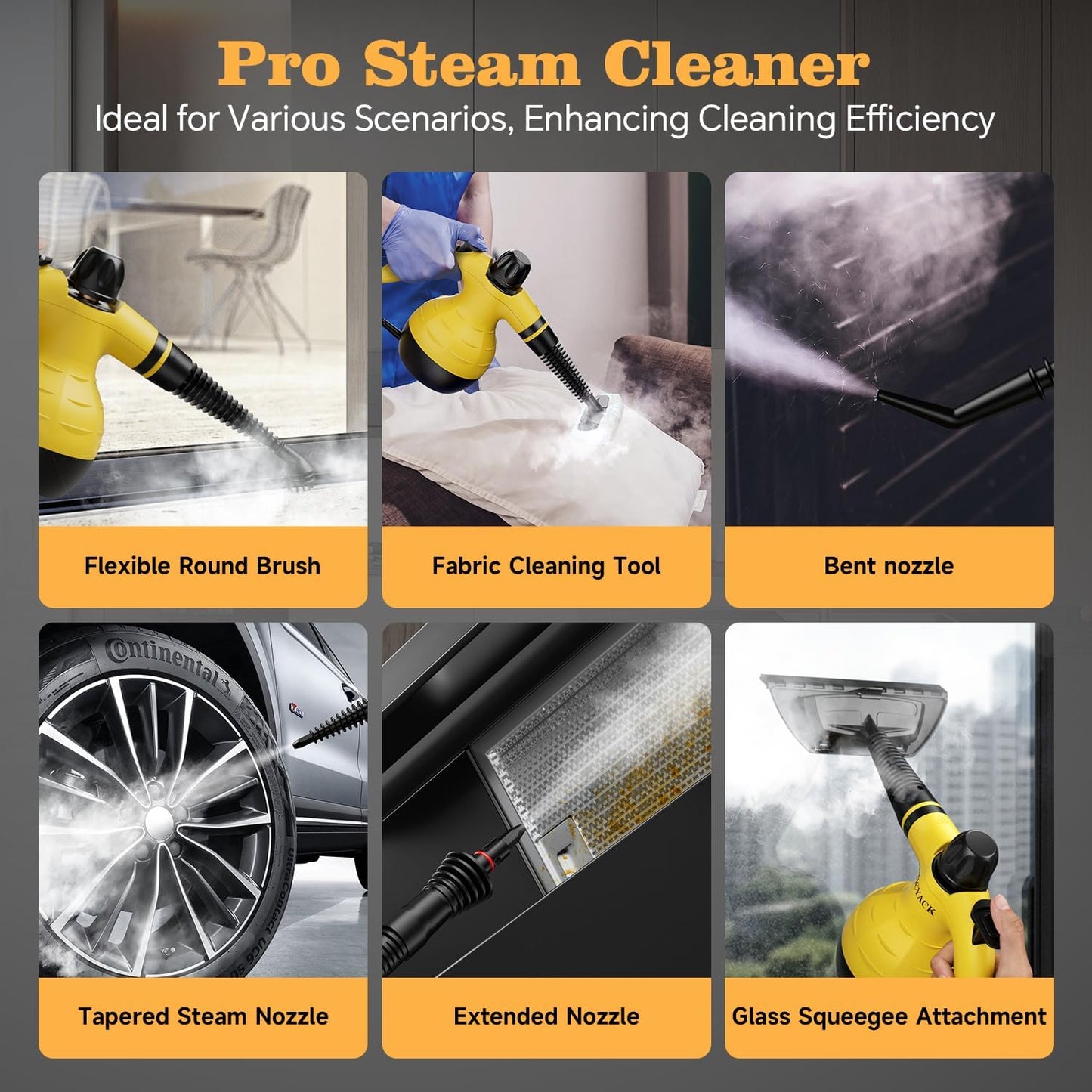 Steam Cleaner, Handheld Steam Cleaner, Steam Cleaner for Home with 16 Accessories and Automatic Steam Switch, Steamer for Cleaning Home, Living Room, Kitchen, Bathroom, Car (Yellow)