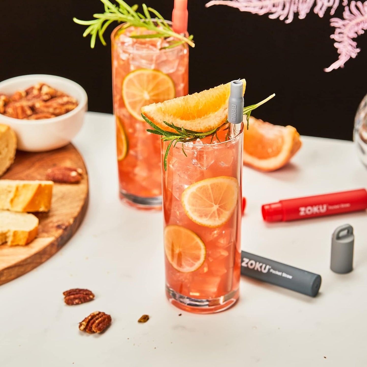 ZOKU Reusable Metal Straws with Case for Travel, Purple, Grey and Red - Collapsible Stainless Steel Drinking Straws with Silicone Tips and Cleaner Brushes, Ideal for Key Chains, Pockets, Purses