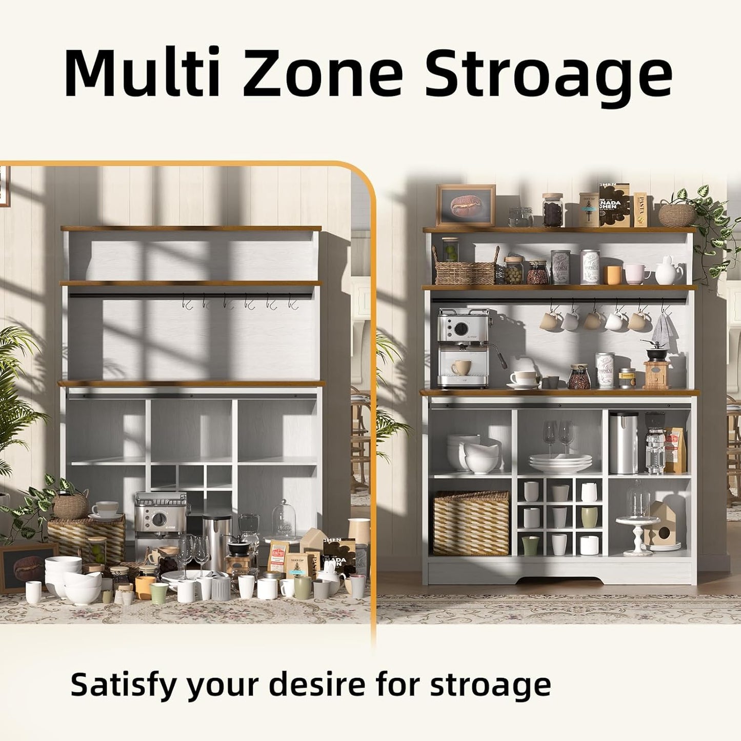 Farmhouse Coffee Bar Cabinet with 3 Tier Storage Hutch, 47'' Coffee Bar Station with Sliding Barn Door, Hutch Storage Cabinet with 9 Wine Racks & 9 Hooks for Kitchen Dining Living Room