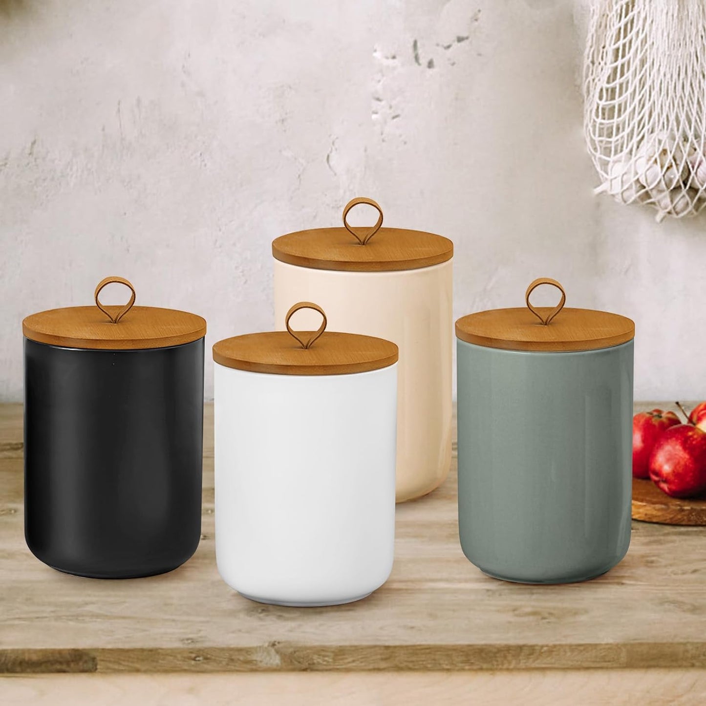 Large Ceramic Storage Jars, Modern Elegant Highly Polished Airtight Gorgeous Storage Canisters with Wooden Lid Food Storage Jar for Kitchen Spice Tea Vanilla Sugar Coffee Beans (Khaki)