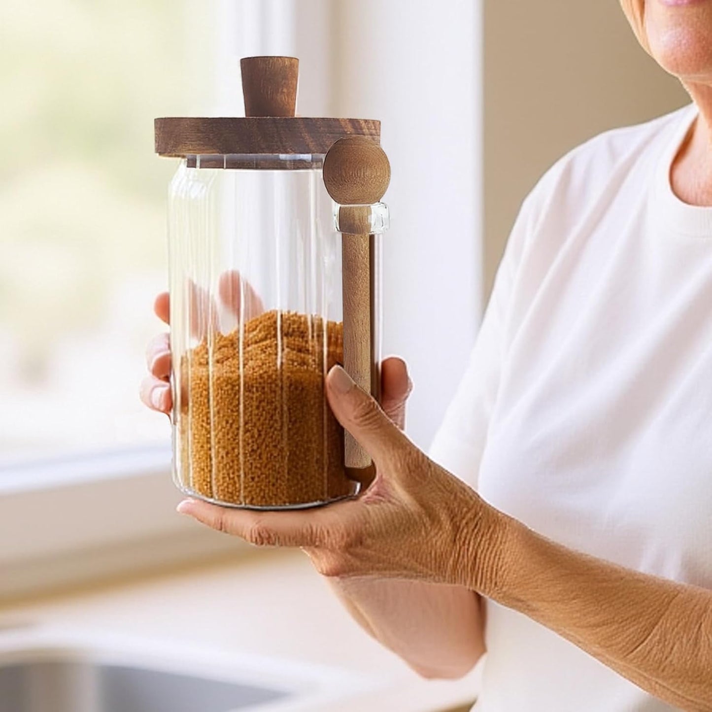Set of 3 Glass Food Storage Jars with Handles Wood Lid and Spoon, 25 oz Glass Kitchen Canisters for Coffee, Tea, Cereal, Spice and Canning, Mason Jars, Cute Jar