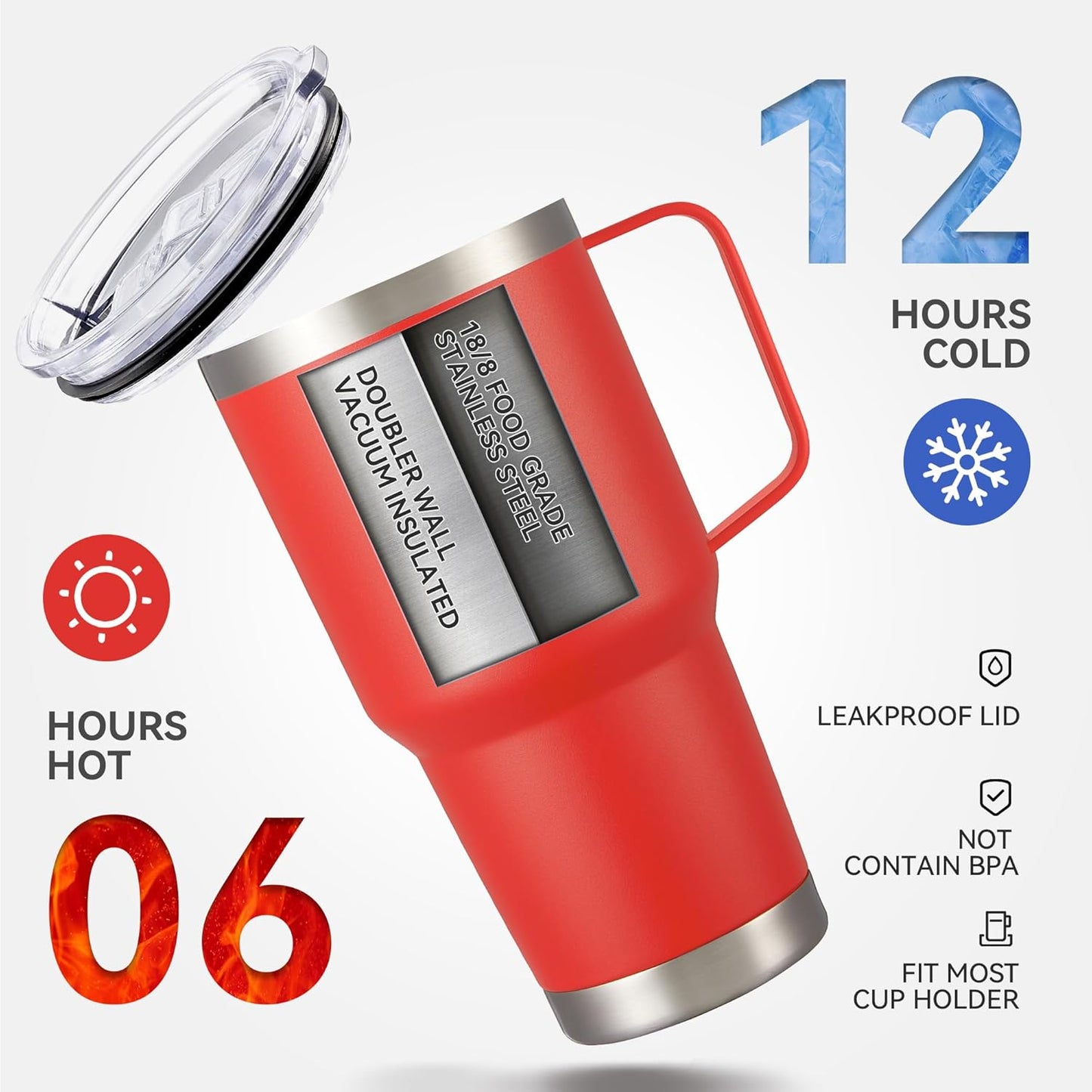 30 oz Tumbler with Handle and Lid, Stainless Steel Tumblers Bulk Double Wall Vacuum Insulated Travel Mug Leak Proof Cup Keep Drinks Cold and Hot Red, 8 Pack