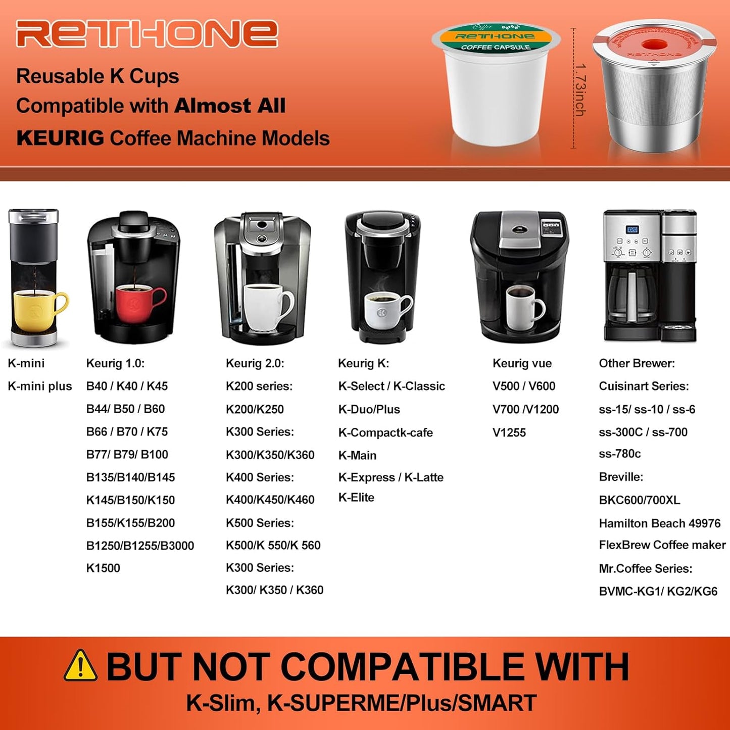 RETHONE Reusable K Cups and Coffee Pods, Stainless Steel K Cups Compatible with Keurig 2.0 and 1.0 Coffee Makers machine BPA-Free Refillable Coffee Filters (2)