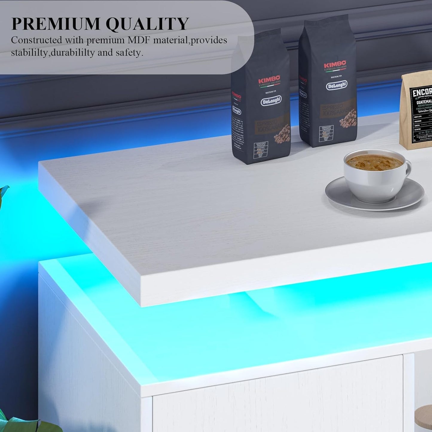 4 EVER WINNER Coffee Bar Cabinet with Led Lights, Buffet Cabinet with Floating Countertop, Modern Sideboard Buffet Cabinet with Charging Station for Living Room, Kitchen, White