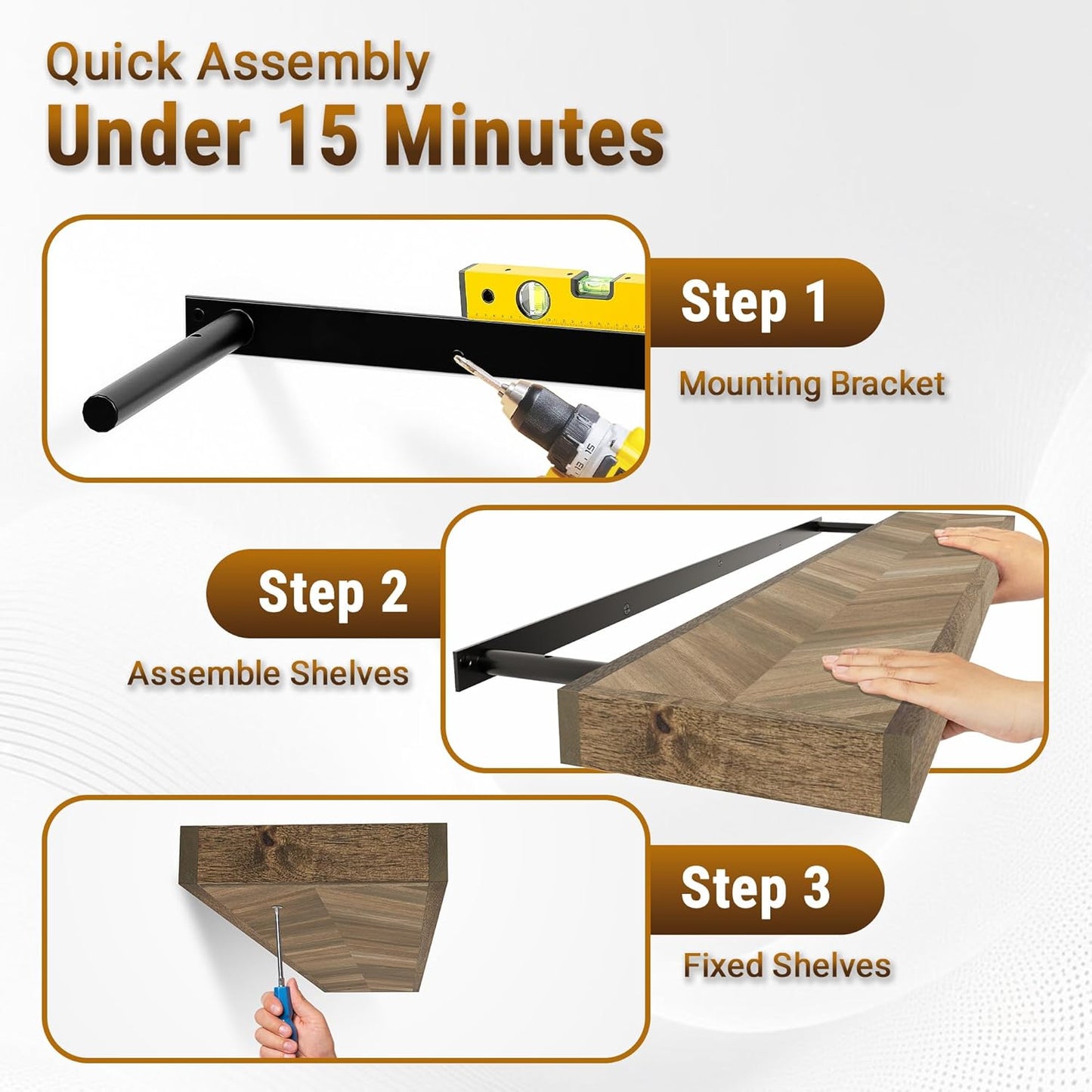 24" Acacia Chevron Floating Shelves Set of 2 - Wall Mounted Wooden Shelf for Stylish Home Décor - Walnut Color - 24x6.7x1.5 Inches