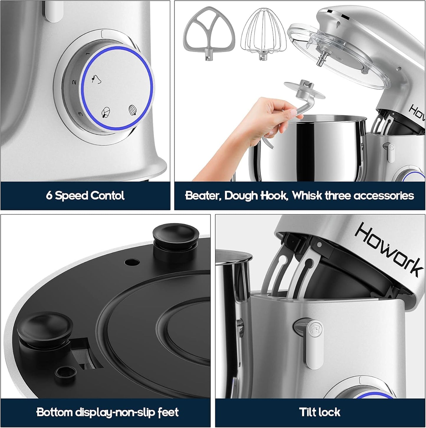 HOWORK 8.5QT Stand Mixer, 660W 6+P Speed Tilt-Head, Electric Kitchen Mixer With Dishwasher-Safe Dough Hook, Beater, Wire Whip & Pouring Shield(8.5 QT, Silver)