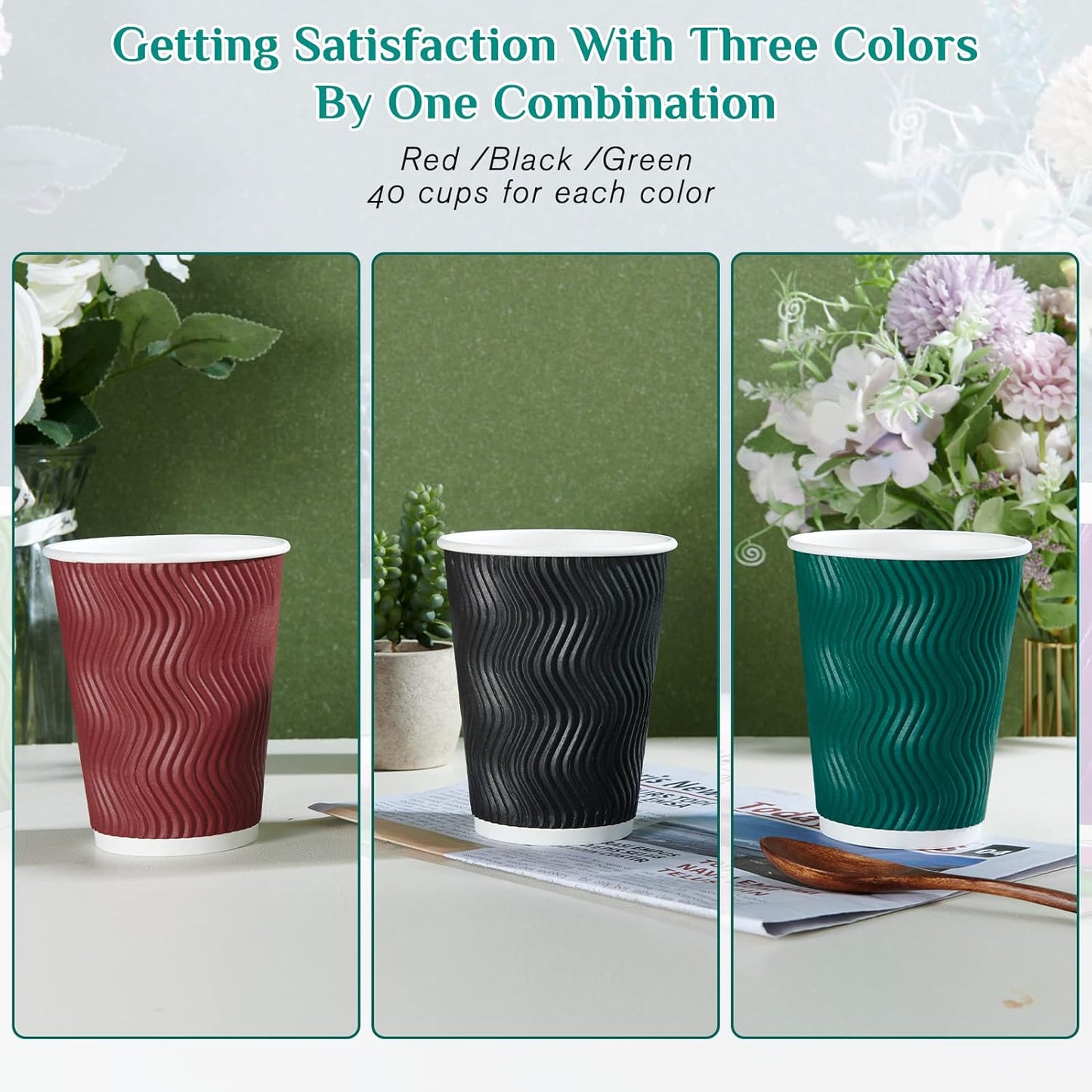 MUCHII 12 oz Paper Coffee Cups, 120 Count Multicolor Disposable Insulated Ripple Paper Cups for Tea Hot Chocolate