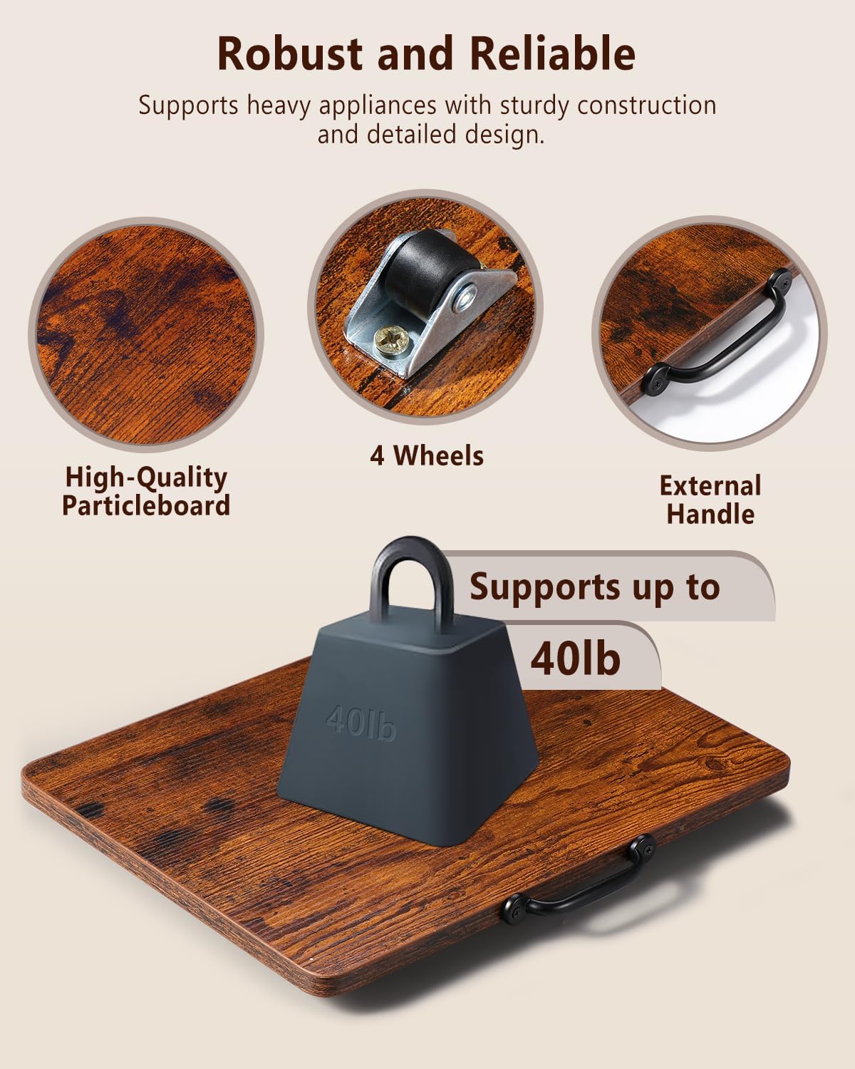 Appliance Slider, Sliding Tray for Coffee Maker, Coffee Pot Slider for Countertop, Kitchen Appliance Rolling Tray with Rubber Wheels (Rustic Brown, Large - Wide (16" X 12.5"))