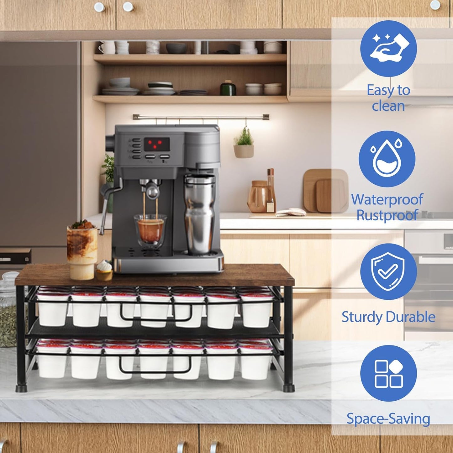 K Cup Holder Organizer for 70 Pods, 2-Tier Coffee Pod Holder for K-Cup with 2 Sliding Storage Drawers, Coffee Station Bar Organizer for Kitchen Countertop, Home & Office, Wooden