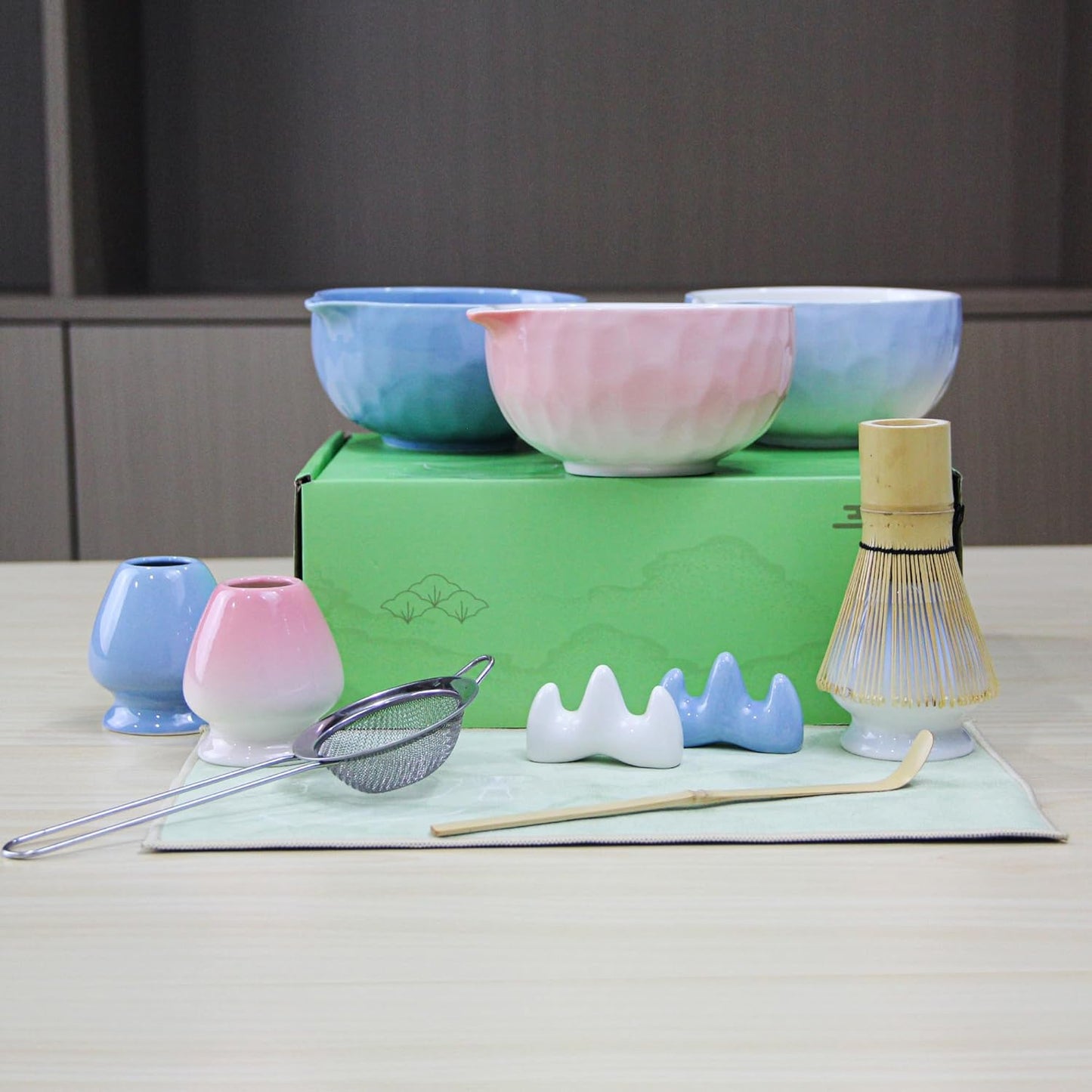 7-Pcs Matcha Whisk Set - Ceramic Matcha Set Includes Bowl,Whisk,Holder,Bamboo Scoop,Scoop Rest,Sifter & Tea Towel – Japanese Traditional Tea Kit for Beginners & Tea Lovers (Blue)