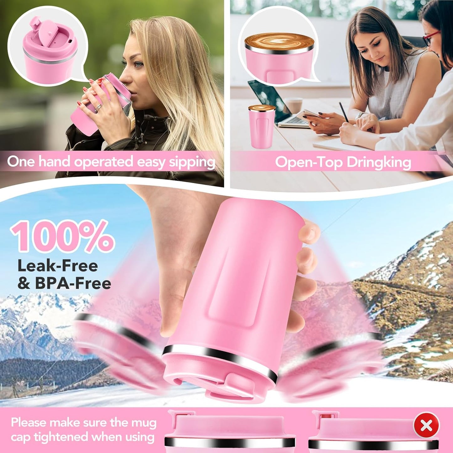 Volhoply 12 oz Double Wall Insulated Vacuum Travel Coffee Mug with Flip Lid,Reusable Stainless Steel Leak Proof Coffee Cup,Portable Iced Cafe Thermal Tumbler Suitable for Hot & Cold Drinks(Pink,1 Set)