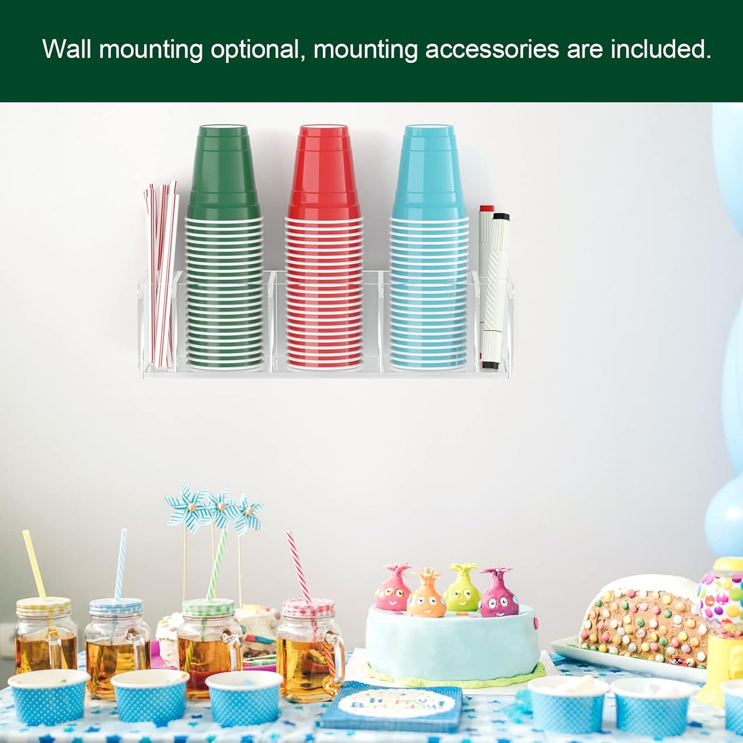 Triple Cup Holder With Marker Slot, Party Dispenser Acrylic Organizer, Mark Your Drink Caddy, Modern Bar Counter Decor, Clear