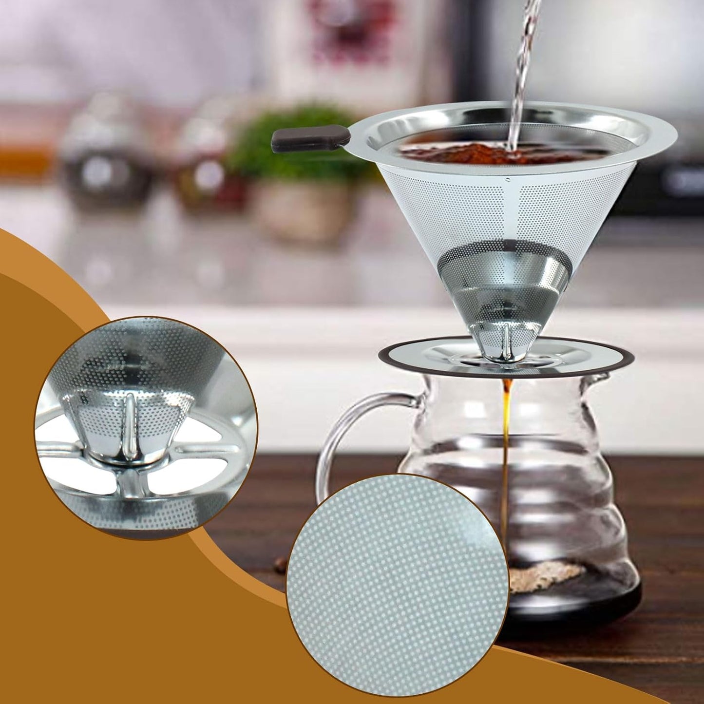 Waziaqoc Pour Over Coffee Dripper, Reusable Paperless Coffee Filter for 2-3 Cups, Stainless Steel Drip Cone Brew Coffee Strainer,Upgraded Double Micro Mesh Filter with Cup Stand