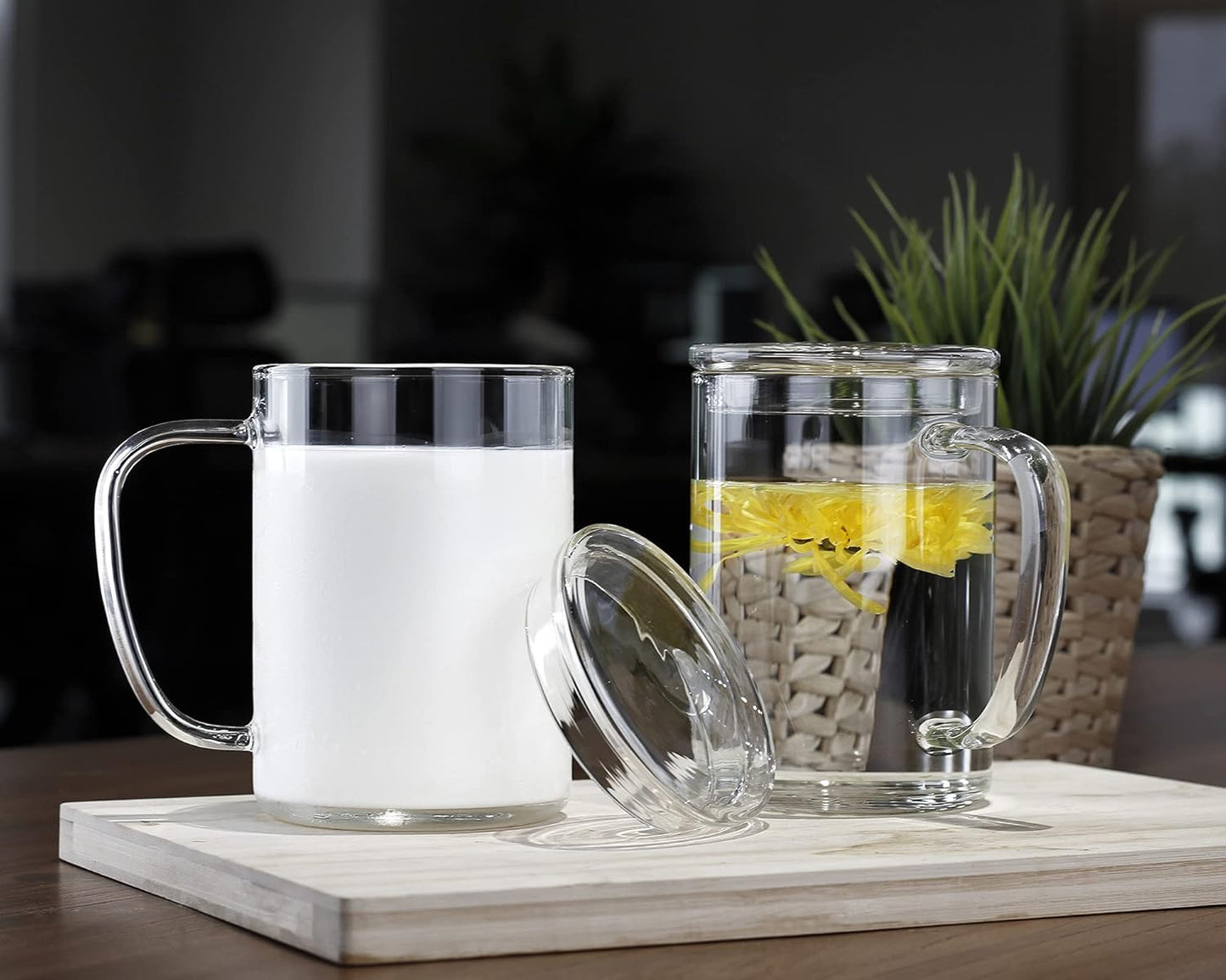 LUXU Glass Coffee Mugs (Set of 2),27oz Large Glass Coffee Cups Clear Glass Tea Cups Overnight Oats Containers with Glass Lid,Cute Coffee Bar Accessories,Iced Coffee Glasses for Latte,Cereal,Yogur