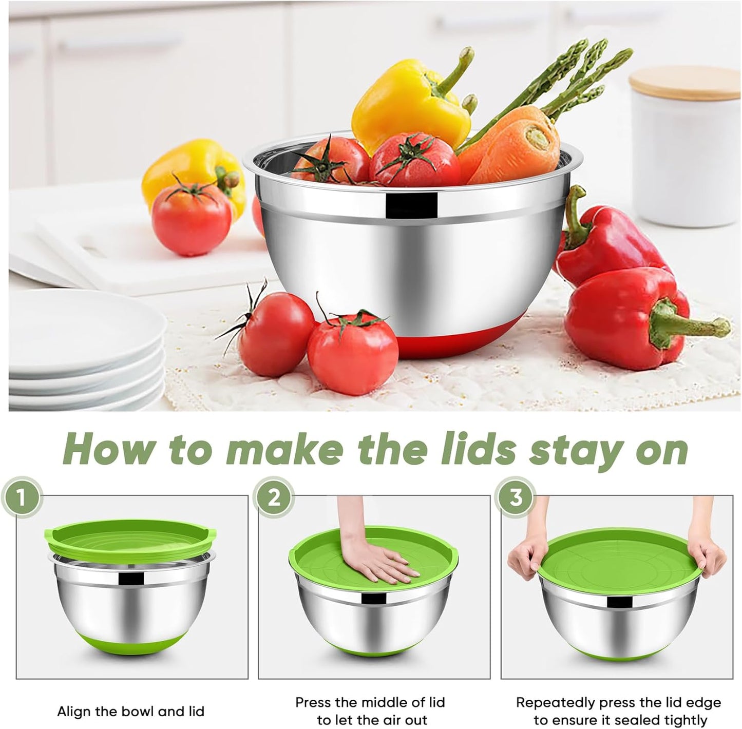 TeamFar Mixing Bowls with Lids Set, 1/1.5/2.5/3.5/7 QT, Stainless Steel Large Metal Nesting Salad Bowl Set of 5, Healthy & Sturdy, Non-slip Bottom & Airtight Lid, Multi-Color