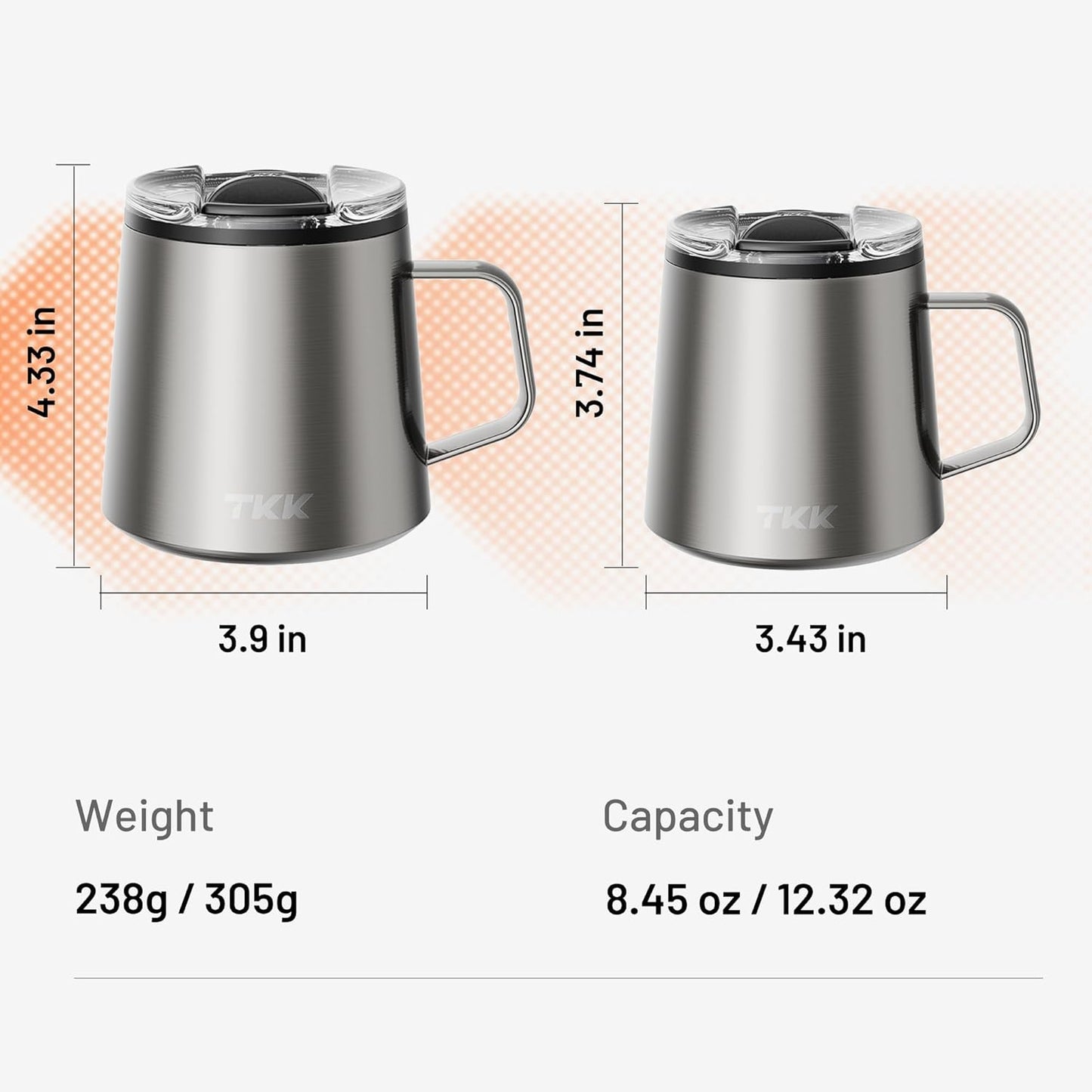 TKK 12 oz Insulated Coffee Mug with Handle Ceramic Coating Detachable Slider Lid Stainless Steel Tumbler Double Wall Vacuum Travel Cup