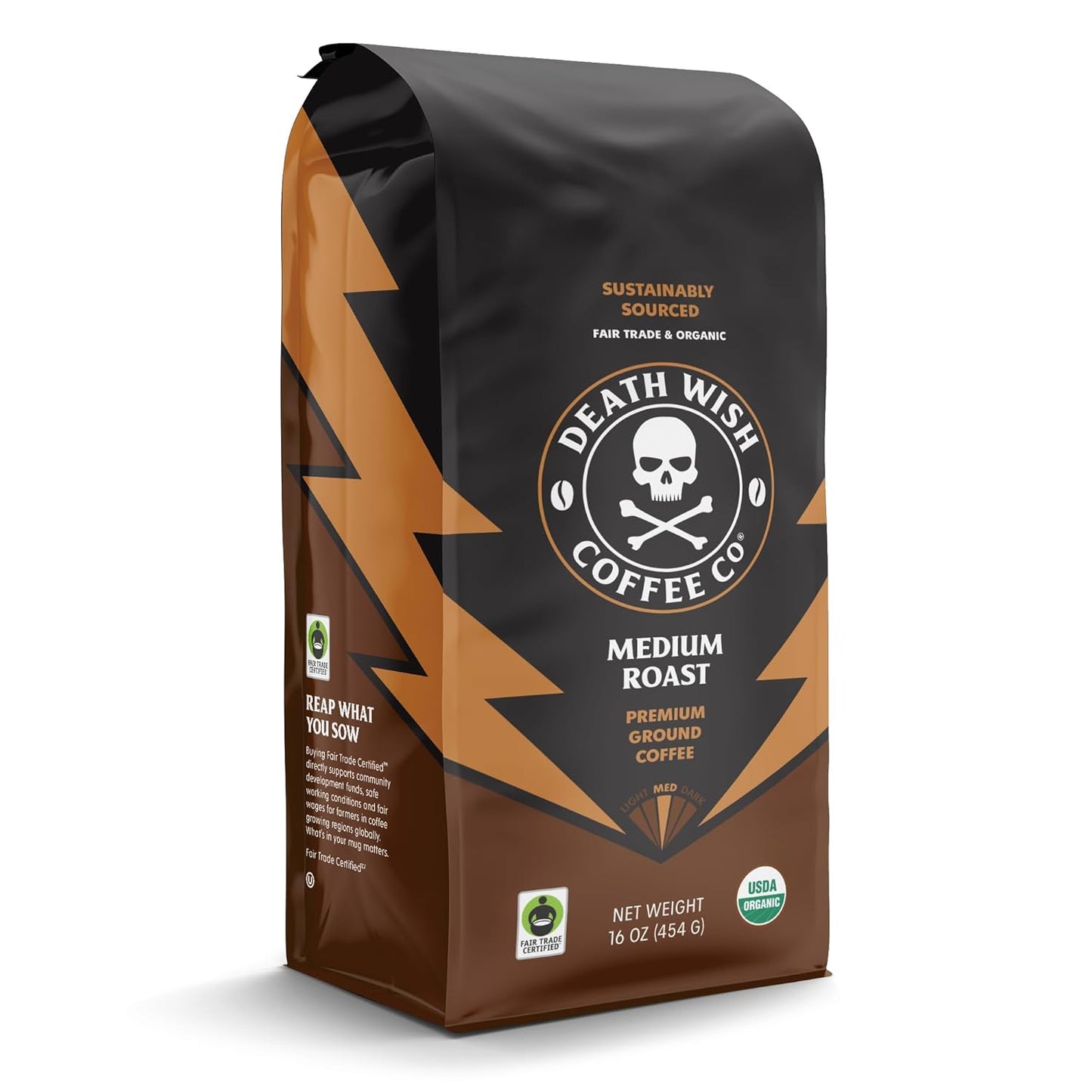 Death Wish Coffee, Organic and Fair Trade Medium Roast Ground Coffee, 16 Ounce (Pack of 1)