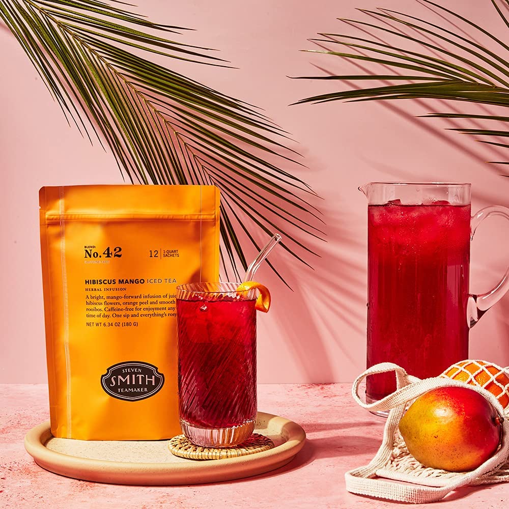 Steven Smith Teamaker Hibiscus Mango Iced Tea No. 42, Refreshing, Caffeine-Free, Sustainably Grown, Full Leaf Herbal Iced Tea, 10 Count, 1 Quart Sachets