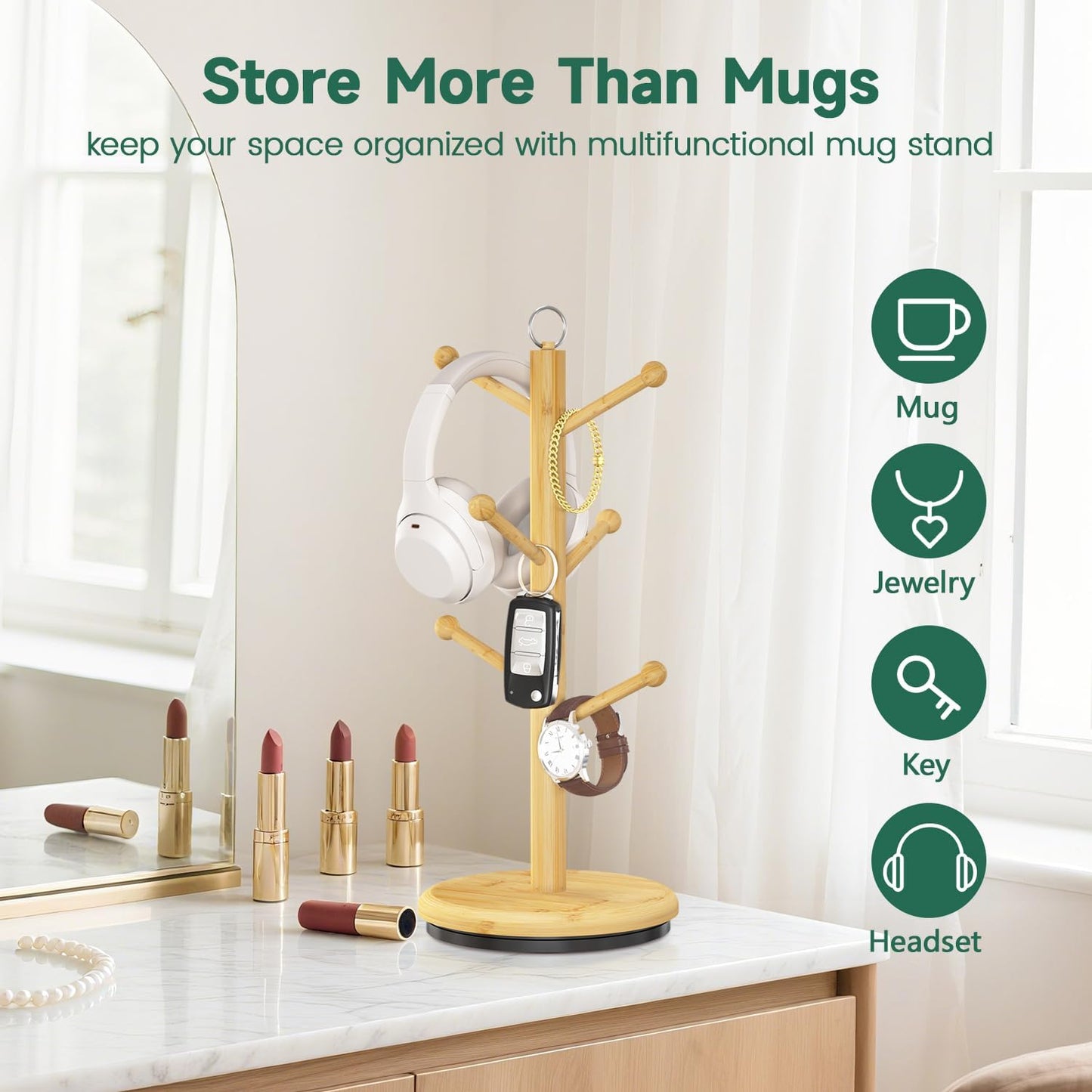 EsLuker.ly Mug Holder Tree Bamboo 360° Rotating Coffee Cup Display Rack with 6 Hooks for Home Kitchen Counter, Upgrade Wood Mug Stand Station Organizer, Building Your Dream Coffee Corner