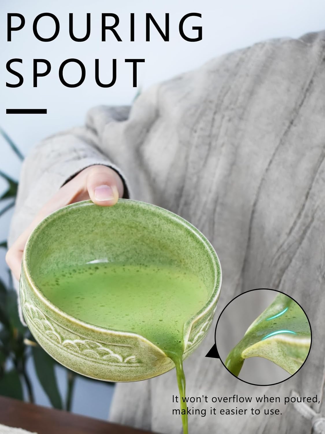 Artcome Matcha Tea Set with Pouring Spout - Green Ceramic Matcha Bowl, Bamboo Whisk, Whisk Holder, Tea Scoop & Matcha Tea Manual for Traditional Japanese Tea Ceremony - Ideal for Gift - Deep Green