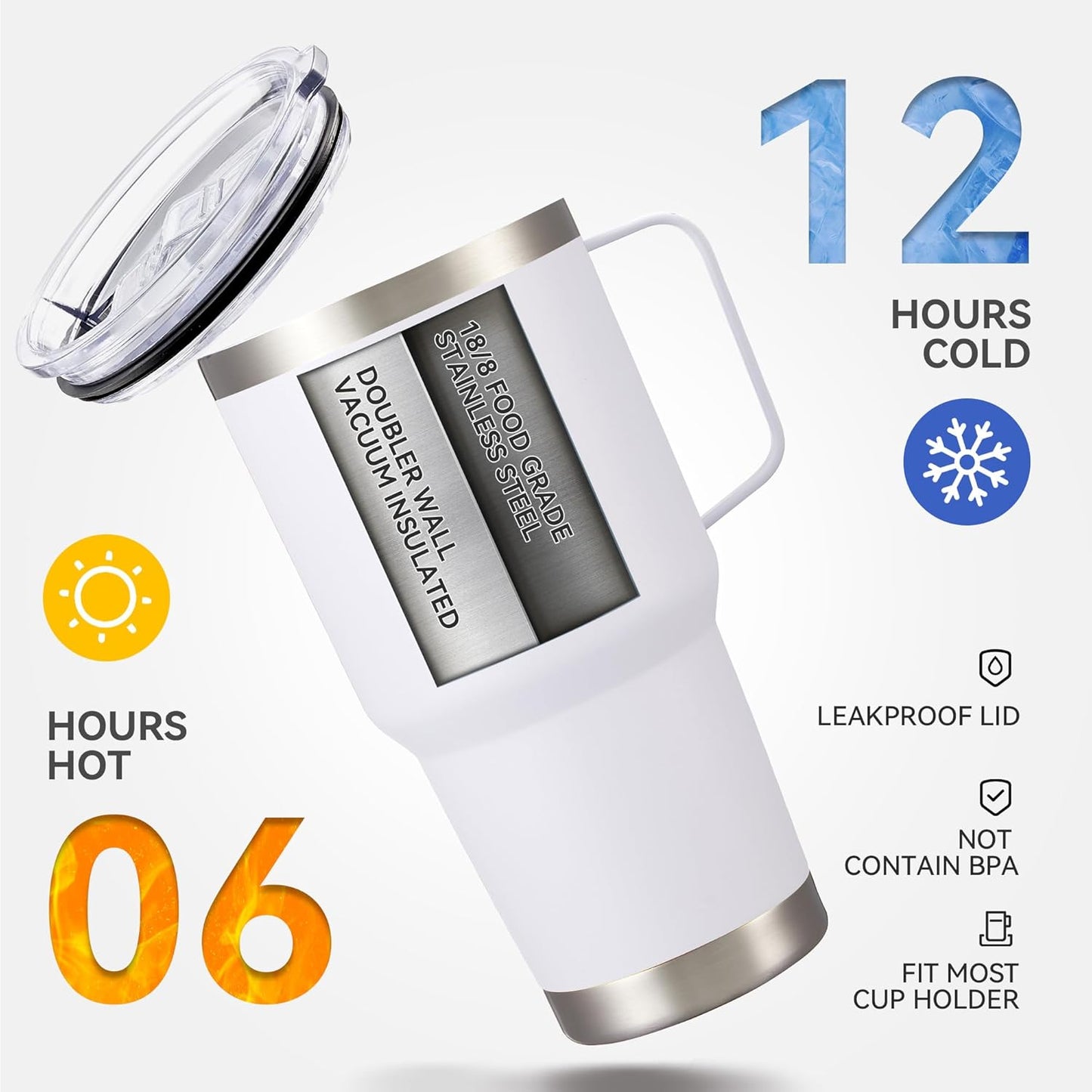 30 oz Tumbler with Handle and Lid, Stainless Steel Tumblers Bulk Double Wall Vacuum Insulated Travel Mug Leak Proof Cup Keep Drinks Cold and Hot White, 8 Pack