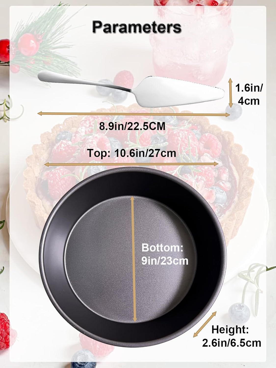 10×2.6 Inch Deep Pie Pan with Cake Server for Pie Tart Quiche Baking. Round Cake Pan with Non-Stick Coating, Rugged Carbon Steel. Gift for Women Wife Christmas Thanksgiving Party Festival