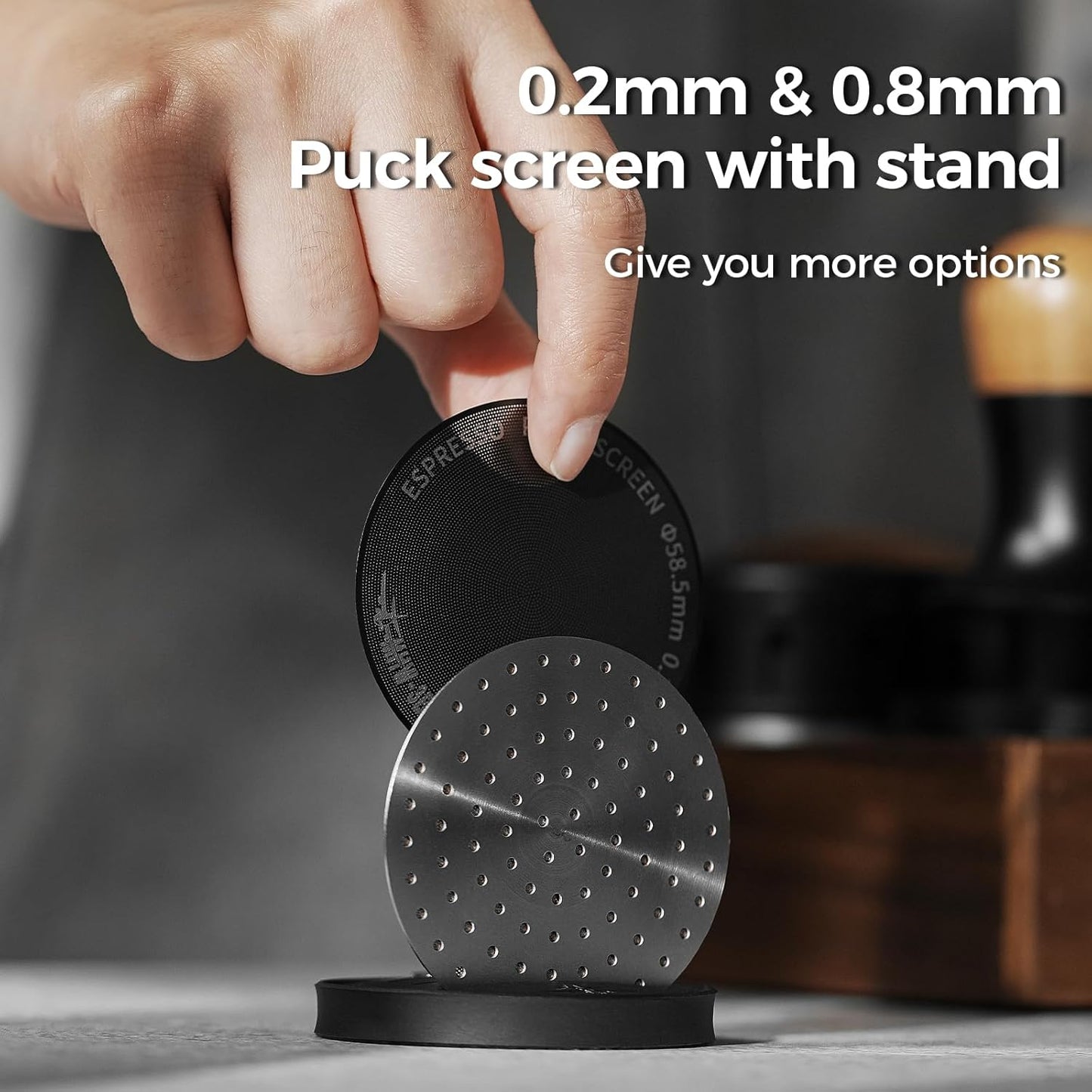 MHW-3BOMBER 58mm Espresso Puck Screen - 0.2mm Ultra Thin Espresso Puck with Round Hole - Metal Reusable Coffee Filter for Portafilter Basket 58mm - Puck Screen with Stand 3 Pack FG7054-OS