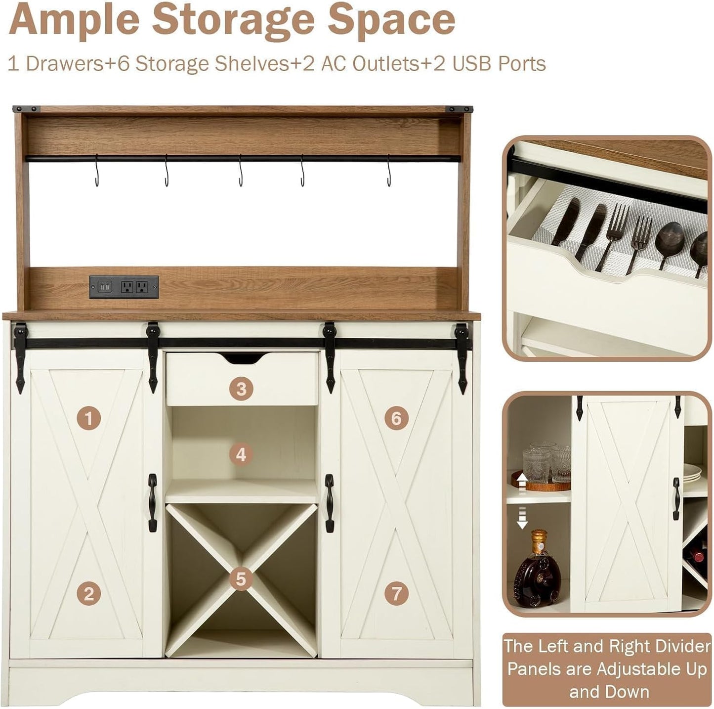 Wnutrees Farmhouse Coffee Bar Cabinet with Charging Station and USB Ports, Sliding Barn Door, 43" Kitchen Hutch Sideboard Buffet Storage Cabinet, Fits Kitchen Dining Living Room, White