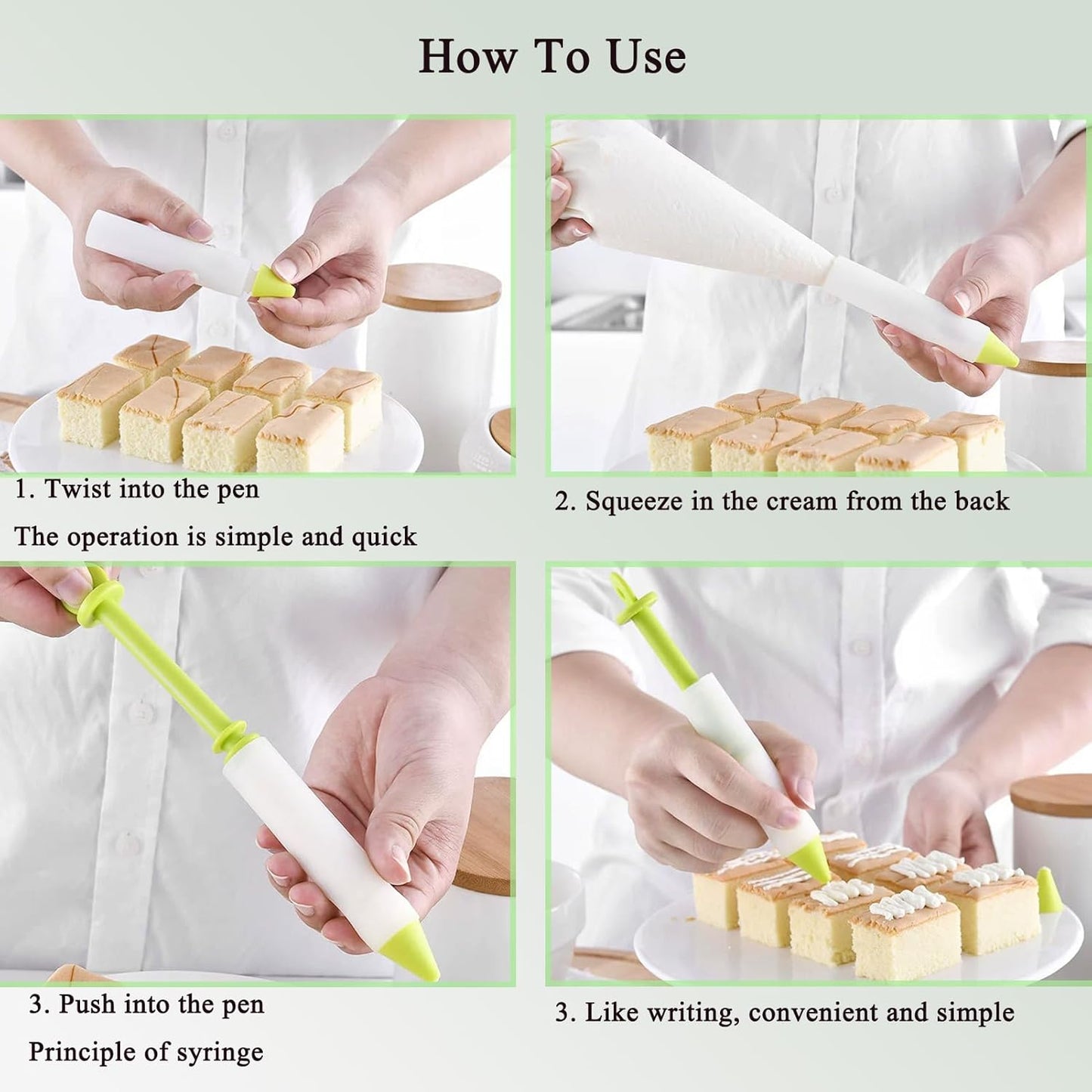 Cake Decorating Pen Dessert Decorating Tool, Silicone Food Syringe Cylinder with 4 Heads Cookie Icing Piping Nozzles Used for Chocolate Jam, Lettering, Drawing, Cream (Green)