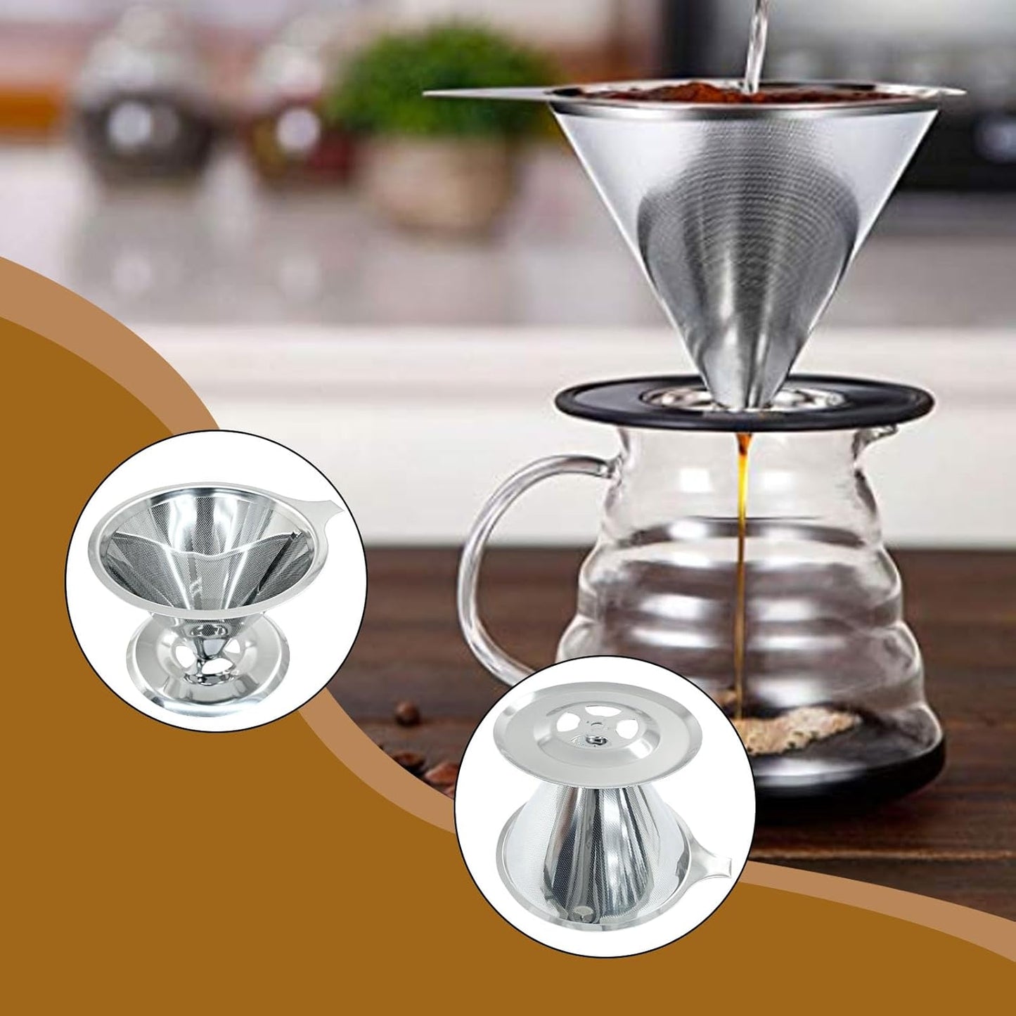 Waziaqoc Pour Over Coffee Dripper, Slow Drip Paperless Coffee Filter, Stainless Steel Pour Over Coffee Maker for 1-4 Cups Brew, Double Mesh Design of Manual Reusable Cone Filter