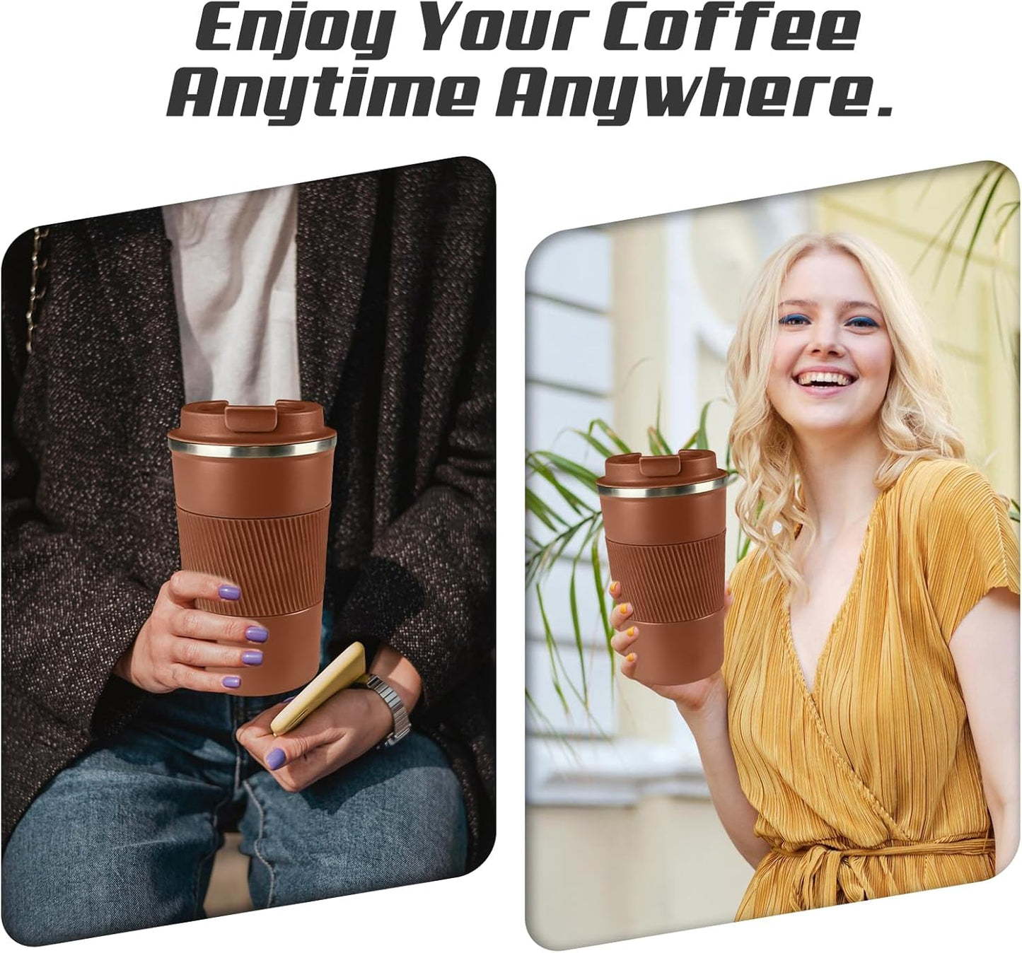 Vacuum-Insulated Stainless Steel Travel Coffee Mug, Leak-Proof Reusable Coffee Cup with Lid - Keep Hot & Cold Drinks for Hours, Durable Thermos Tumbler for Men & Women (3rd-Light Coffee, 17OZ)