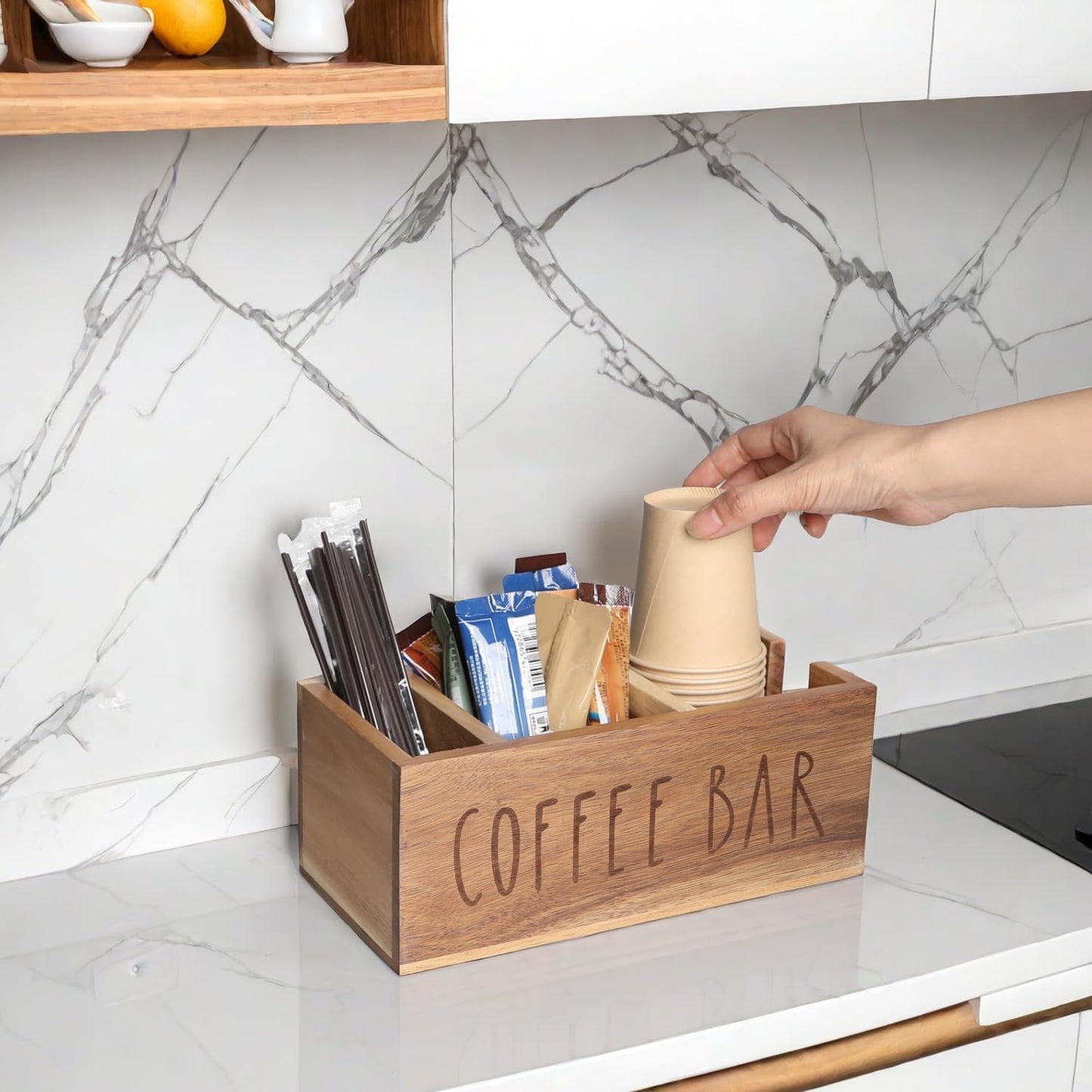 Acacia Wood Station Organizer,Coffee Station Organizer for Cup Lid Stirrers Pod, Disposable Coffee Cup Holder, Farmhouse Accessories Decor, Brown Labeled COFFEE BAR