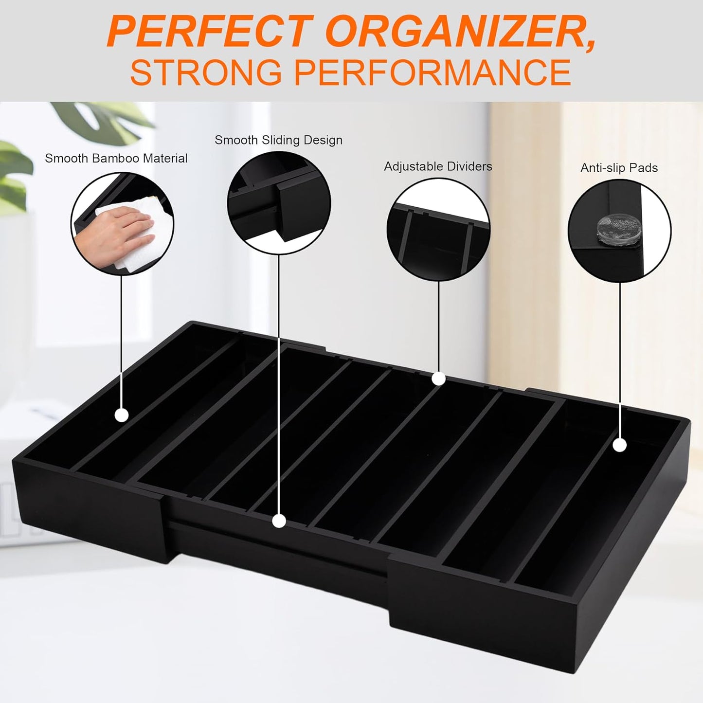 MinBoo Bamboo Drawer Organizer - Expandable K Cup & Pods Holder, Coffee Pod Storage, Tea Organizer, Versatile Kitchen Accessory Organization and Storage,Black