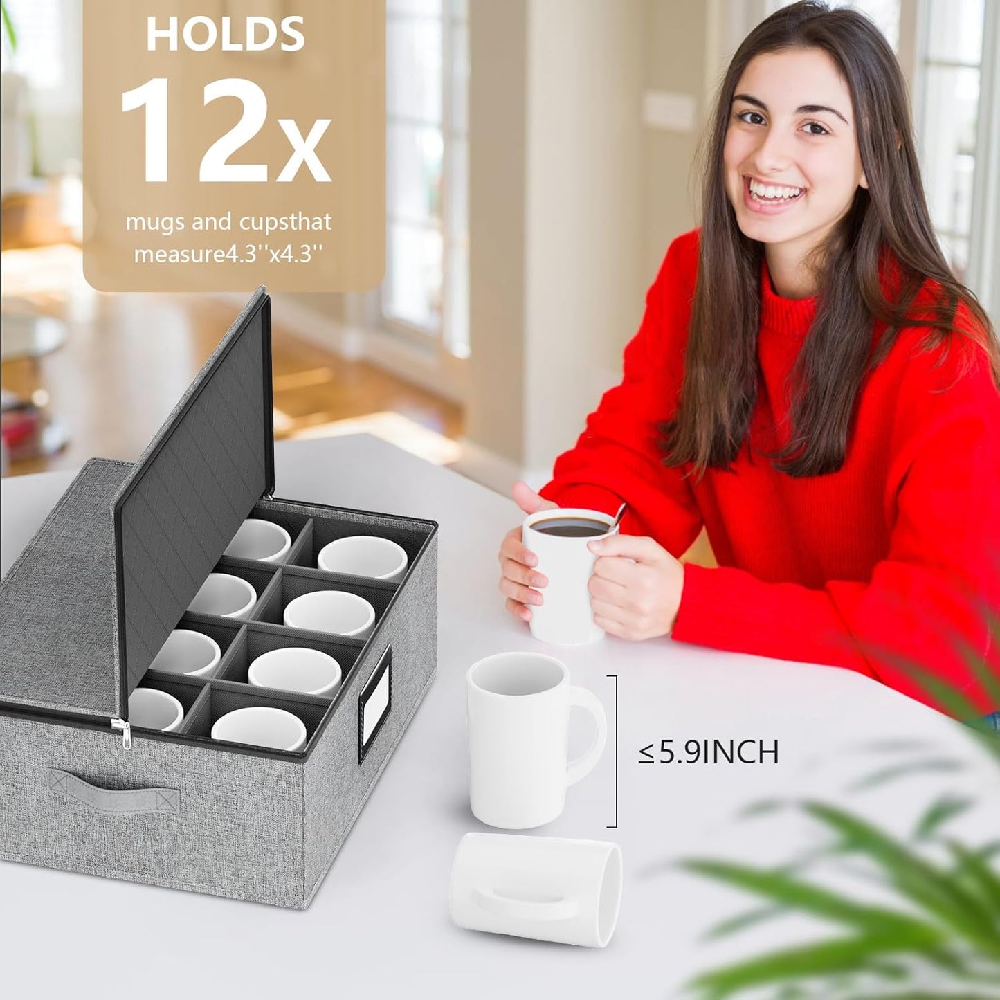 homyfort Coffee Mug Storage Box with Dividers, Durable China Storage Containers for Coffee Mugs, Tea Cups Storage Organizer with Lid, Handles, Label Window, Holds 24 Mugs, Hard Shell and Stackable