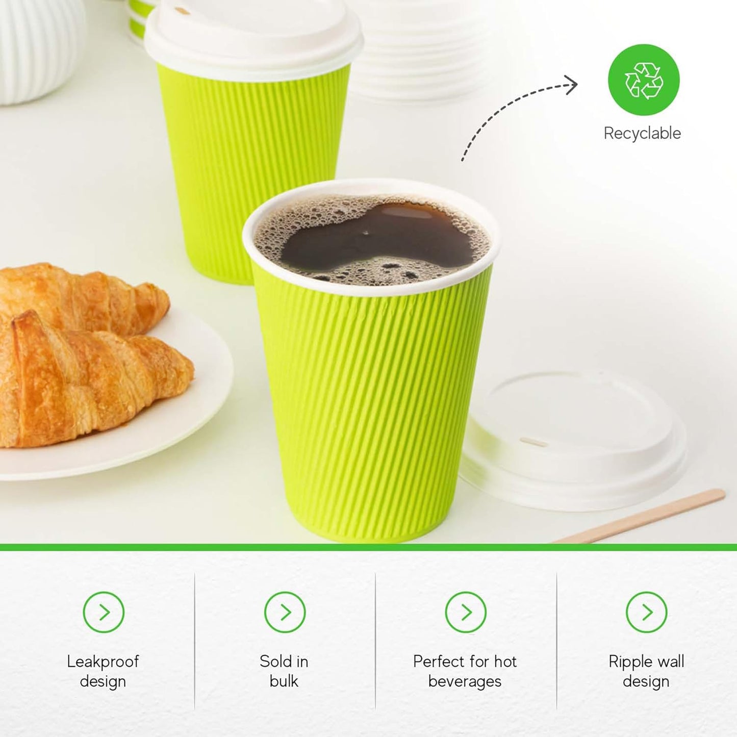 Restaurantware-12 Ounce Disposable Coffee Cups, 500 Ripple Wall Hot Cups For Coffee - Lids Sold Separately, Rolled Rim, Green Paper Insulated Coffee Cups, For Hot Coffee, Tea, And More