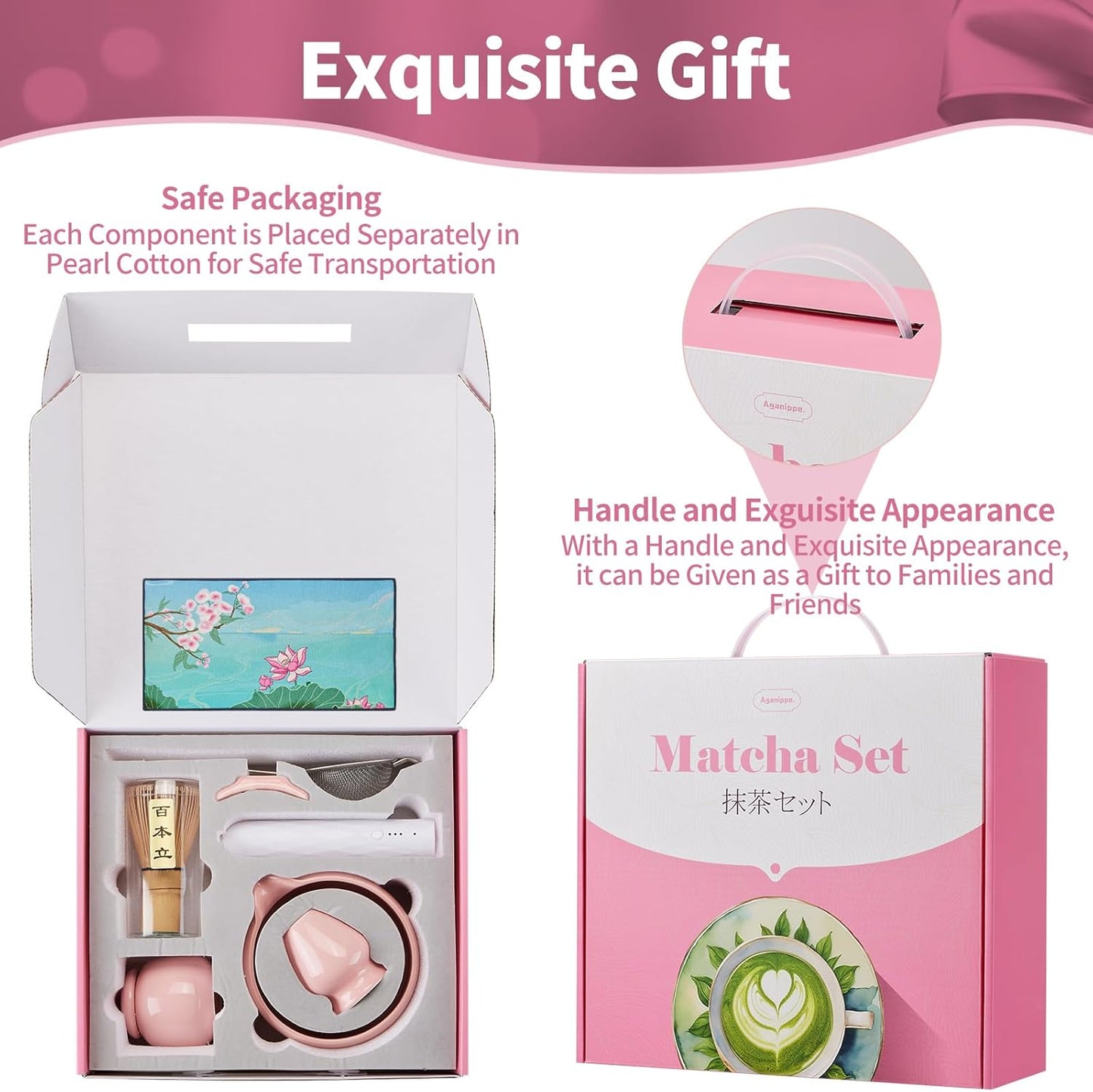 Matcha Whisk Set,9 Pcs Japanese Matcha Set Pink, Matcha Kit with Sifter, Matcha Tea Cloth, Matcha Powder Canister, Electric Rechargeable Frother(Pink)