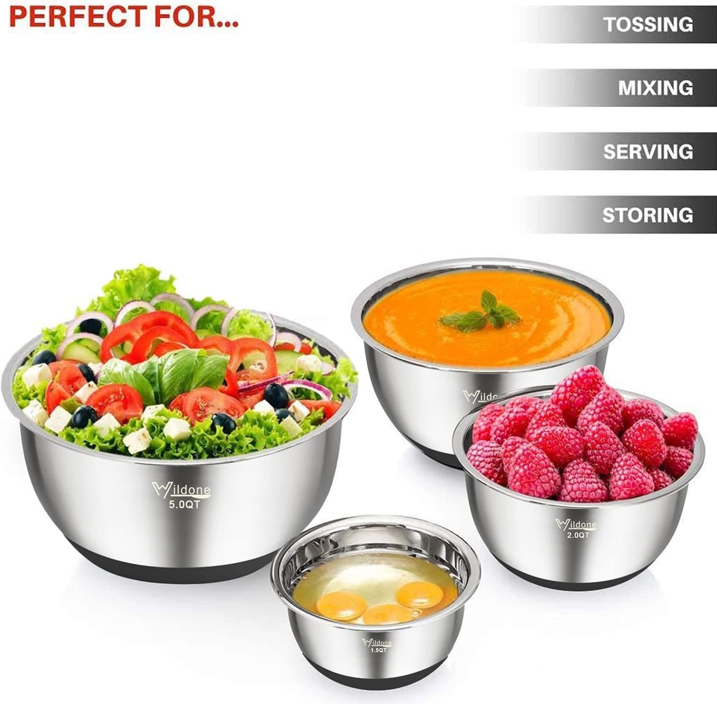 Wildone Mixing Bowls with Airtight Lids, Stainless Steel Nesting Mixing Bowls Set of 5, with Non-slip Silicone Bottoms, Size 8, 5, 3, 2, 1.5 QT, Stackable Design, Great for Mixing and Prepping