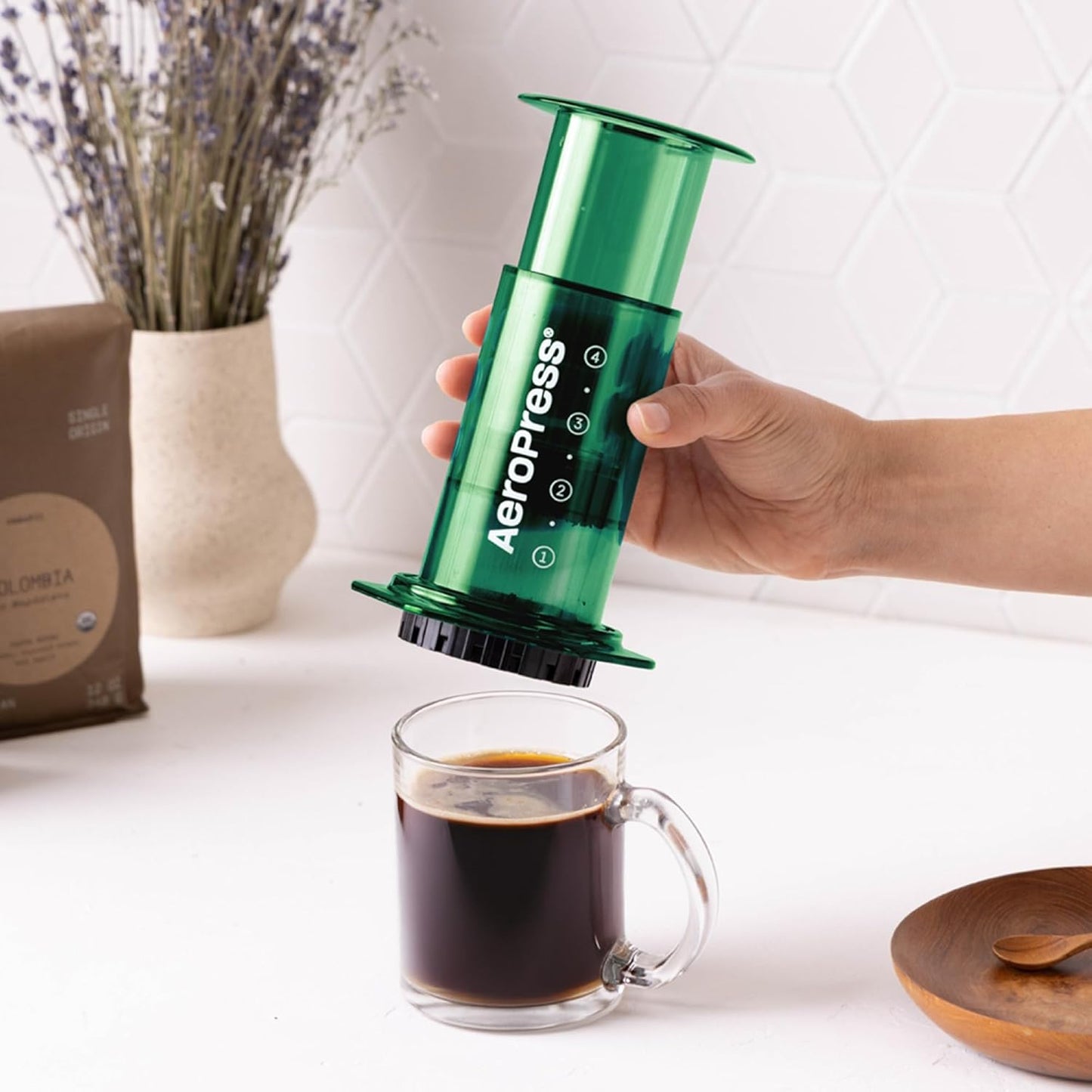 AeroPress Clear Green Coffee Press – 3 In 1 Brew Method Combines French Press, Espresso-style, Full Bodied Coffee Without Grit or Bitterness, Small Portable Coffee Maker for Camping & Travel, Green