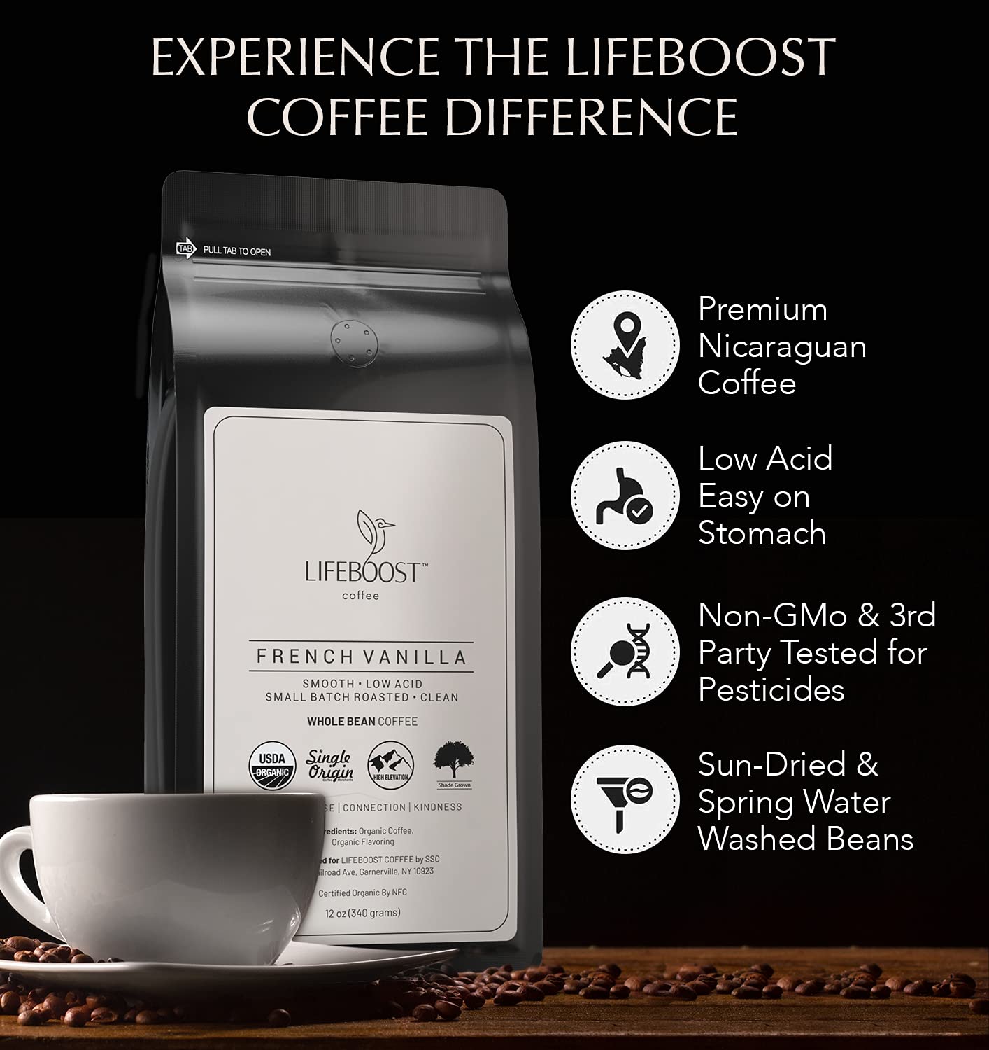 Lifeboost Whole Bean French Vanilla Coffee - Low Acid Single Origin Non-GMO Organic Coffee - Third Party Tested For Mycotoxins & Pesticides - 12 Ounces