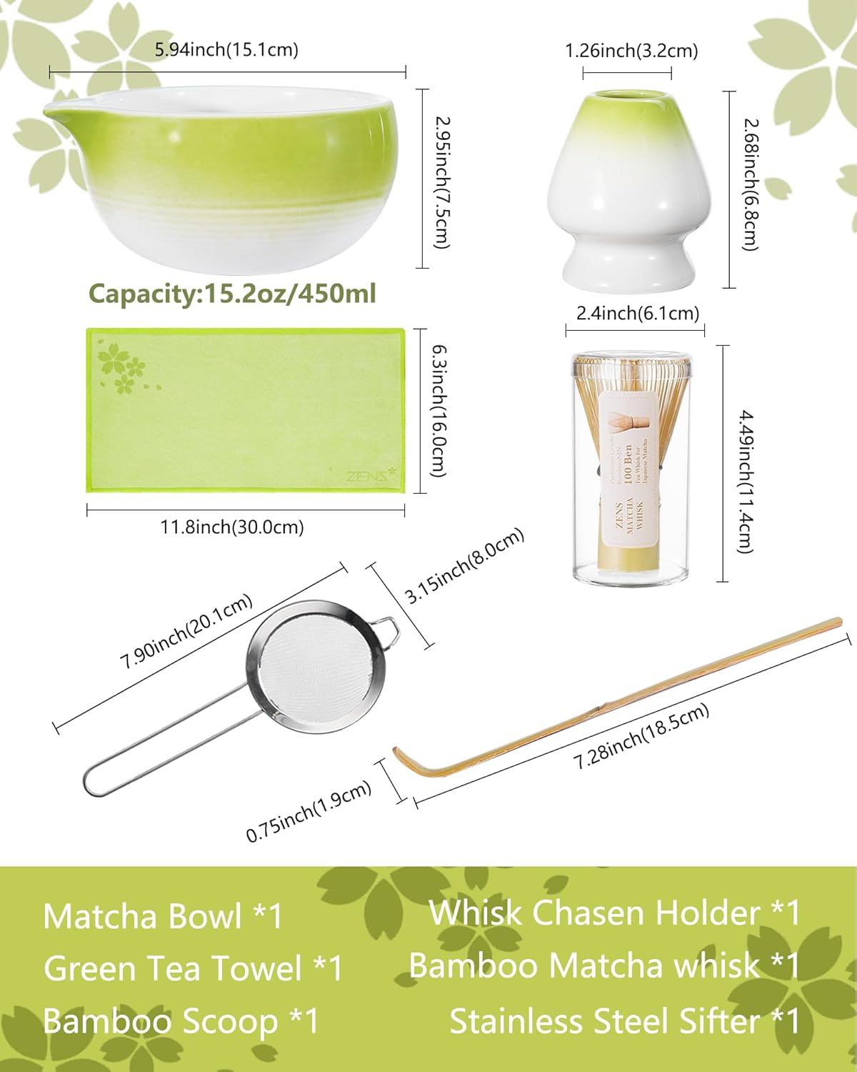 ZENS Matcha Whisk Set, 15oz Matcha Bowl with Spout, 6pcs Matcha Tea Set with Bamboo Whisk & Scoop, Holder (Chasen), Matcha Sifter, Tea Towel for Matcha Ceremony, Green