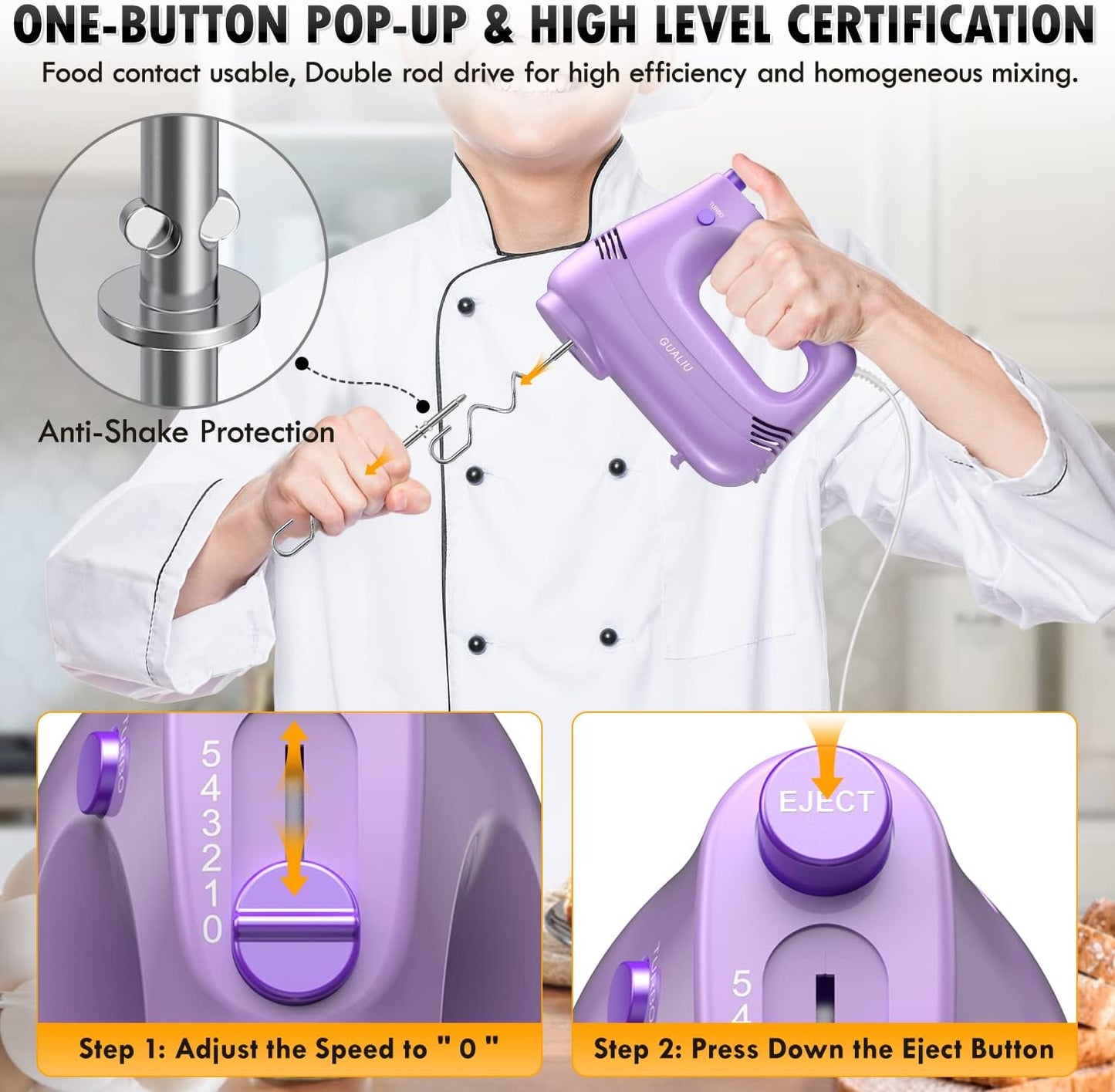 Electric Hand Mixer with Stainless Steel Whisk, Dough Hook Attachment and Storage Bag, Handheld Mixer for Baking Cakes, Eggs, Cream Food Mixers. Turbo Boost /5 Speed Kitchen Blender PURPLE