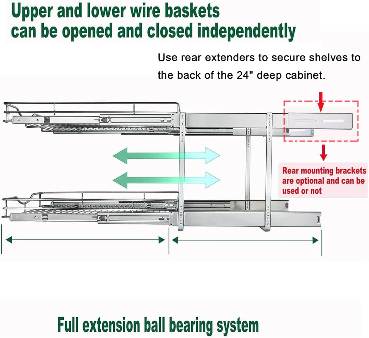 DINDON 2 Tier Pull Out Cabinet Organizer (17" W X 21" D), Double Tier Wire Basket Slide Out Shelf Storage for Kitchen Base Cabinet, Chrome Finish