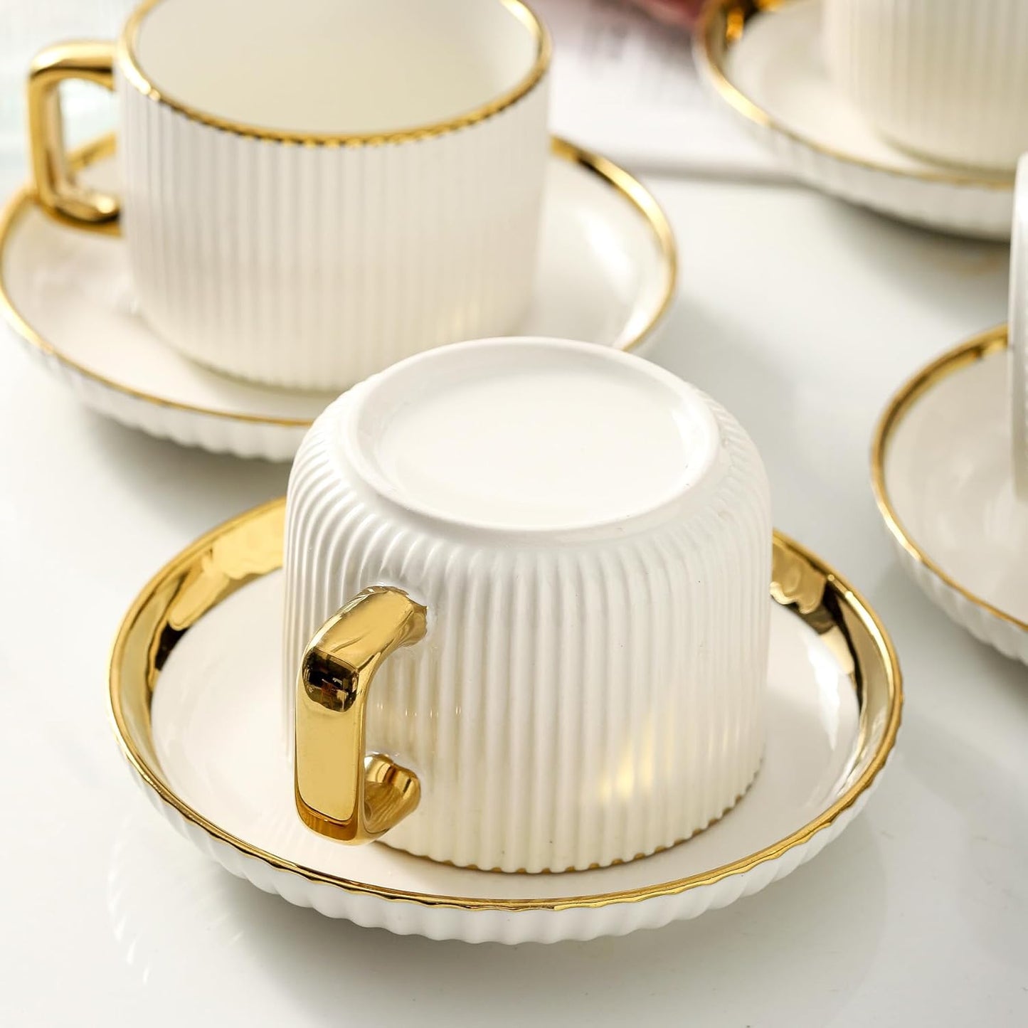 LETAOTAO Cappuccino Cups with Saucers, 8oz Ceramic Coffee Cups with Saucers Set, Latte Art Coffee Mugs with Gold Trim, Tea Cups Set of 4, British/Italian Coffee cups for Cafe Mocha, Double Espresso
