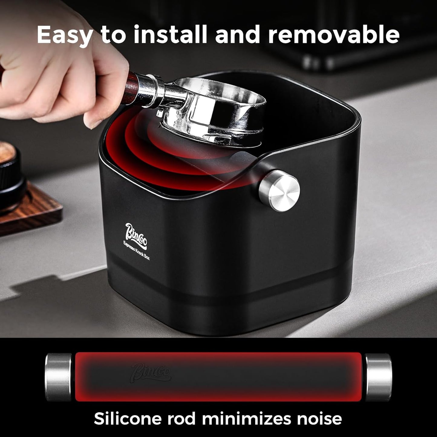 Bincoo Square Coffee Knock Box 0.8L –ABS Espresso Knock Bin with Non-Slip Base, Wide 4.6" Slanted Opening & Detachable Silicone Knock Bar for Easy Cleaning and Quiet Use(Gray(square))