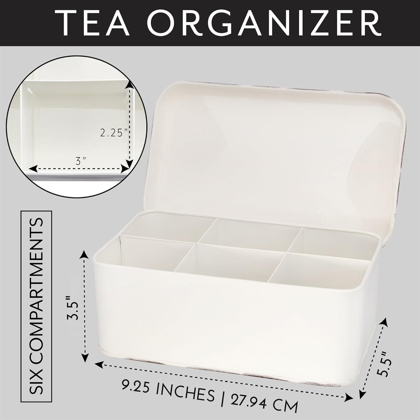 AuldHome Design Farmhouse Tea Bag Box (White), Vintage Retro Style Enamelware Tea Storage Tin