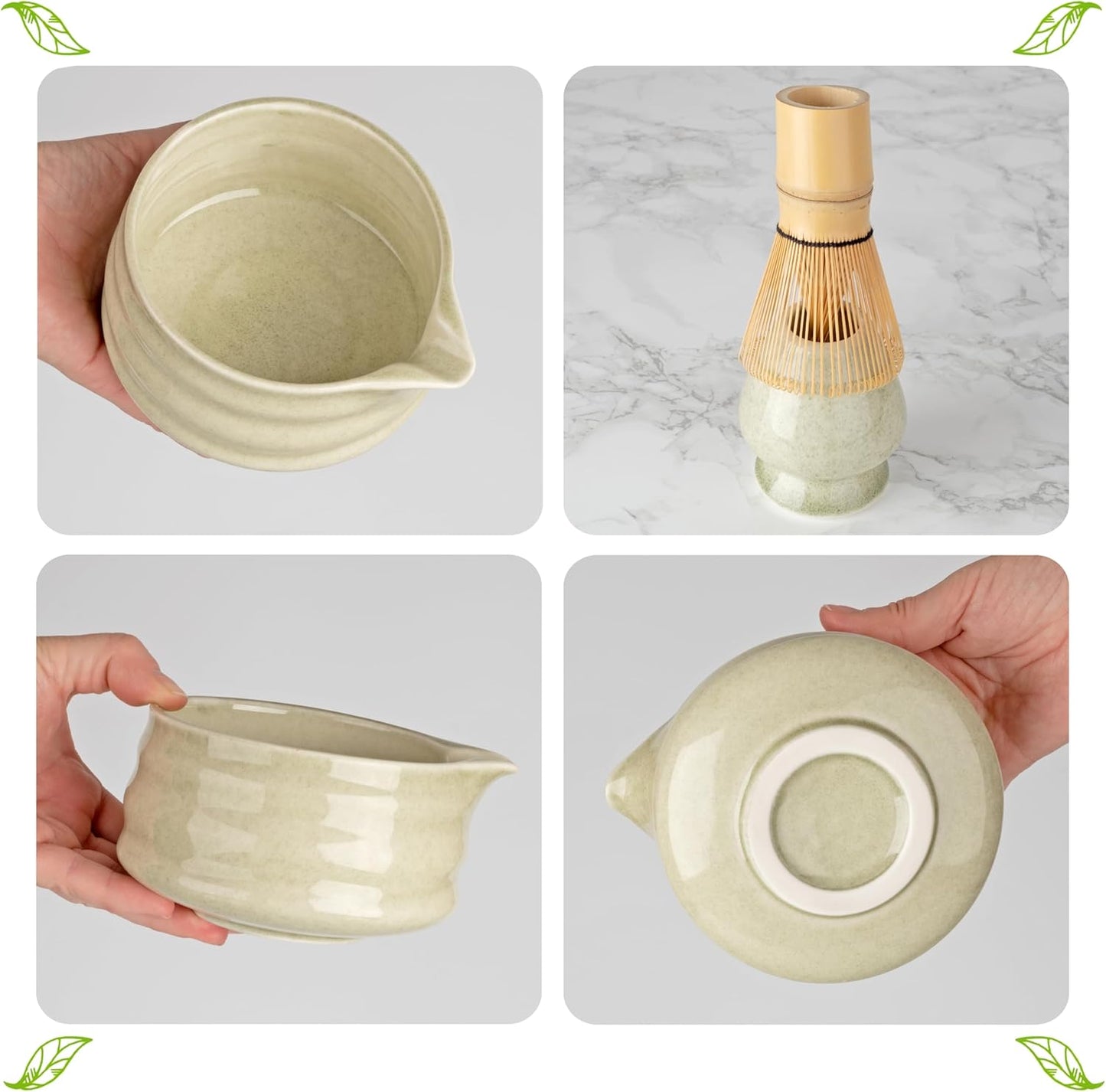 Marce Matcha Whisk Set- Matcha Set includes Matcha Whisk and Bowl (Bowl with Spout), Sifter, Holder and Scoop- The Perfect Bamboo Whisk for Matcha Tea (Molted Green)